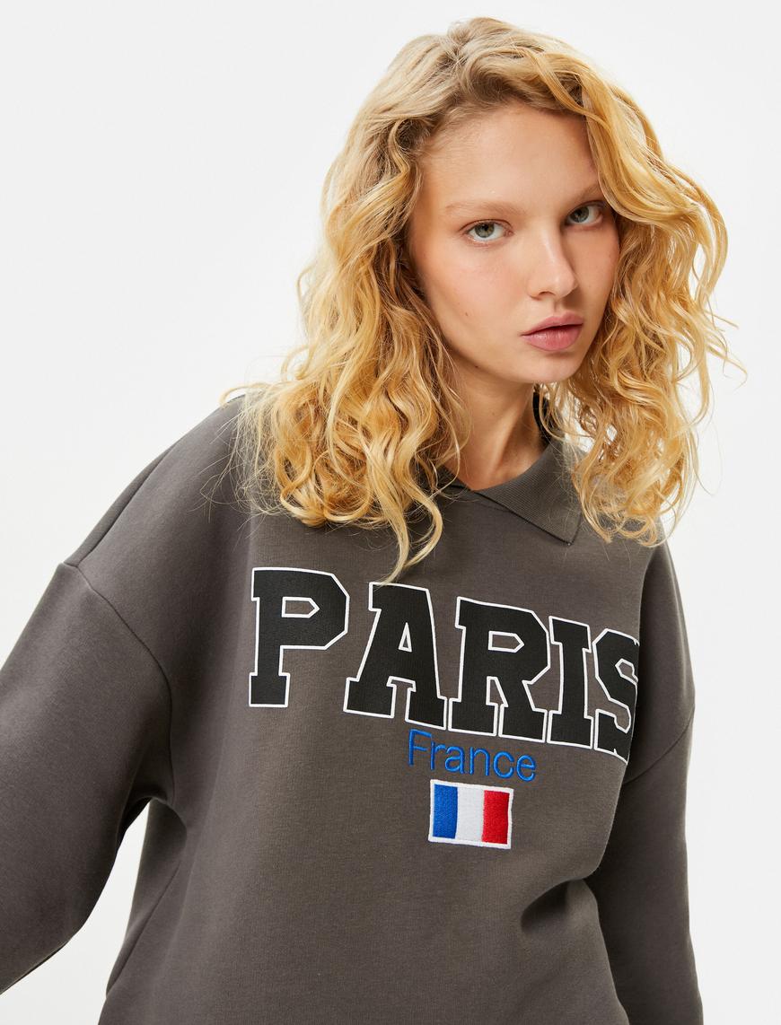   Gömlek Yaka Sweatshirt Paris Baskılı İşlemeli Uzun Kollu Pamuklu