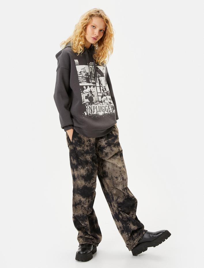  Şardonlu Baskılı Kapşonlu Sweat Müzik Temalı Uzun Kollu