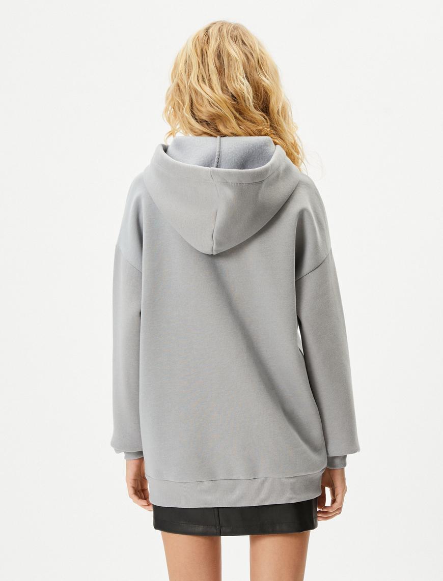   Şardonlu Kapşonlu Sweatshirt Ayıcık Baskılı Rahat Kalıp Uzun Kollu Pamuklu