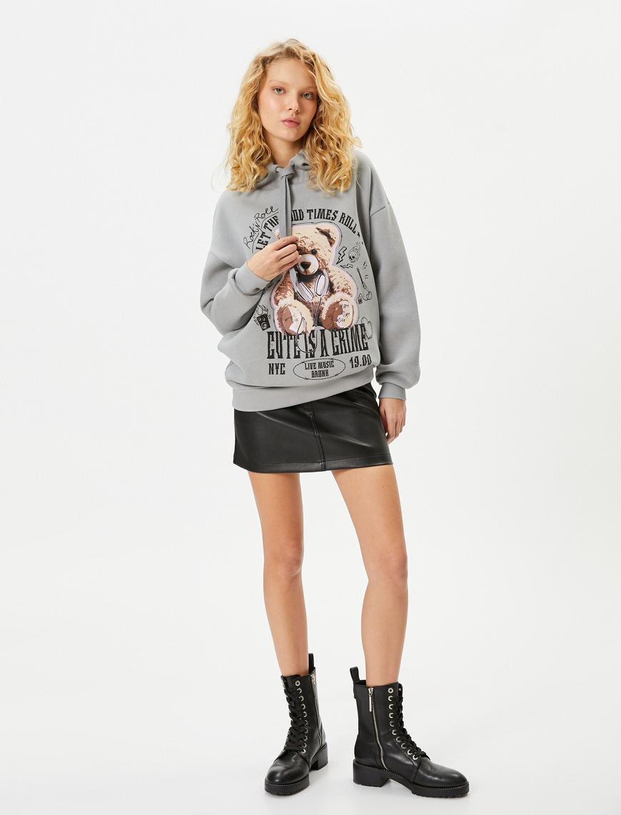   Şardonlu Kapşonlu Sweatshirt Ayıcık Baskılı Rahat Kalıp Uzun Kollu Pamuklu