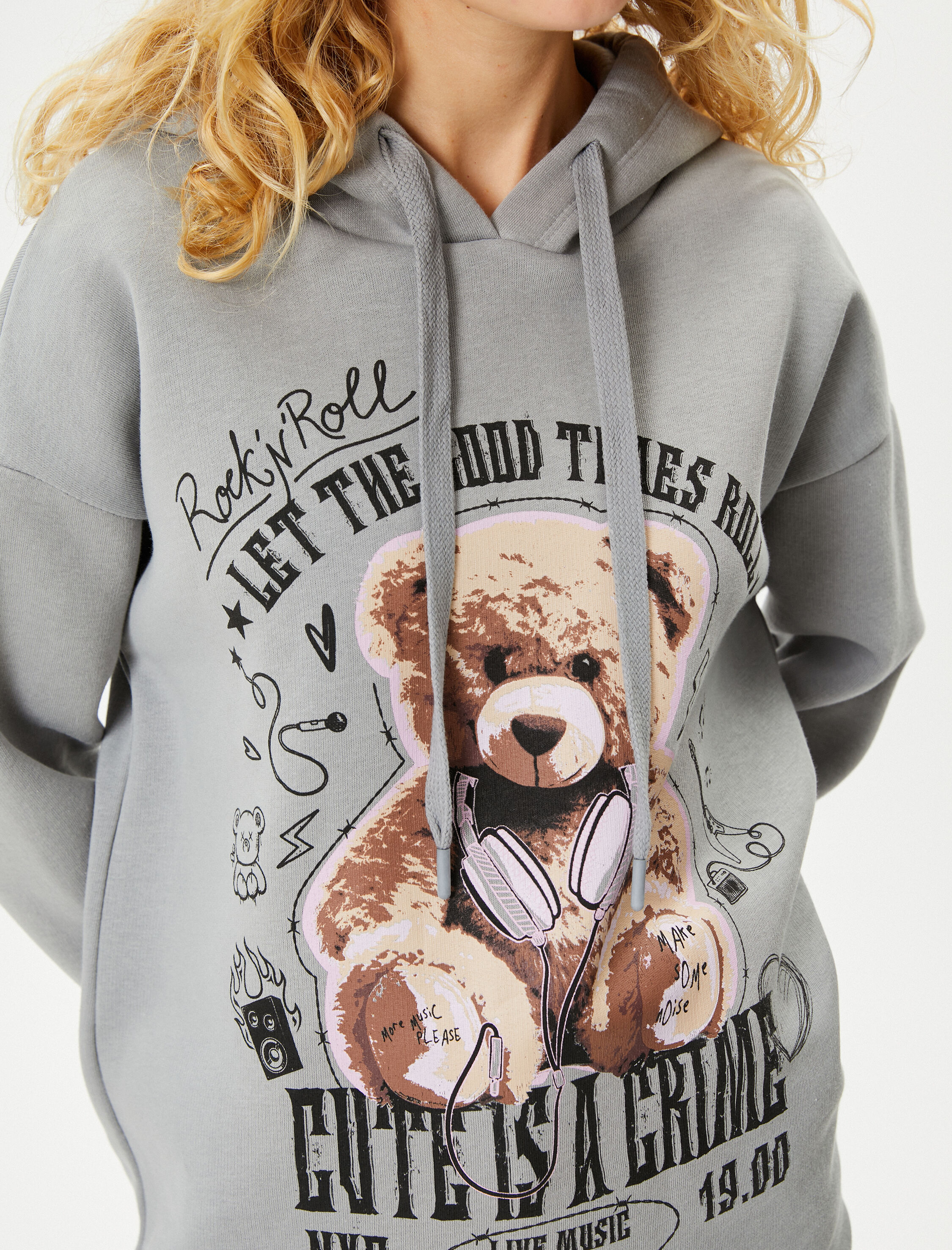 Şardonlu Kapşonlu Sweatshirt Ayıcık Baskılı Rahat Kalıp Uzun Kollu Pamuklu