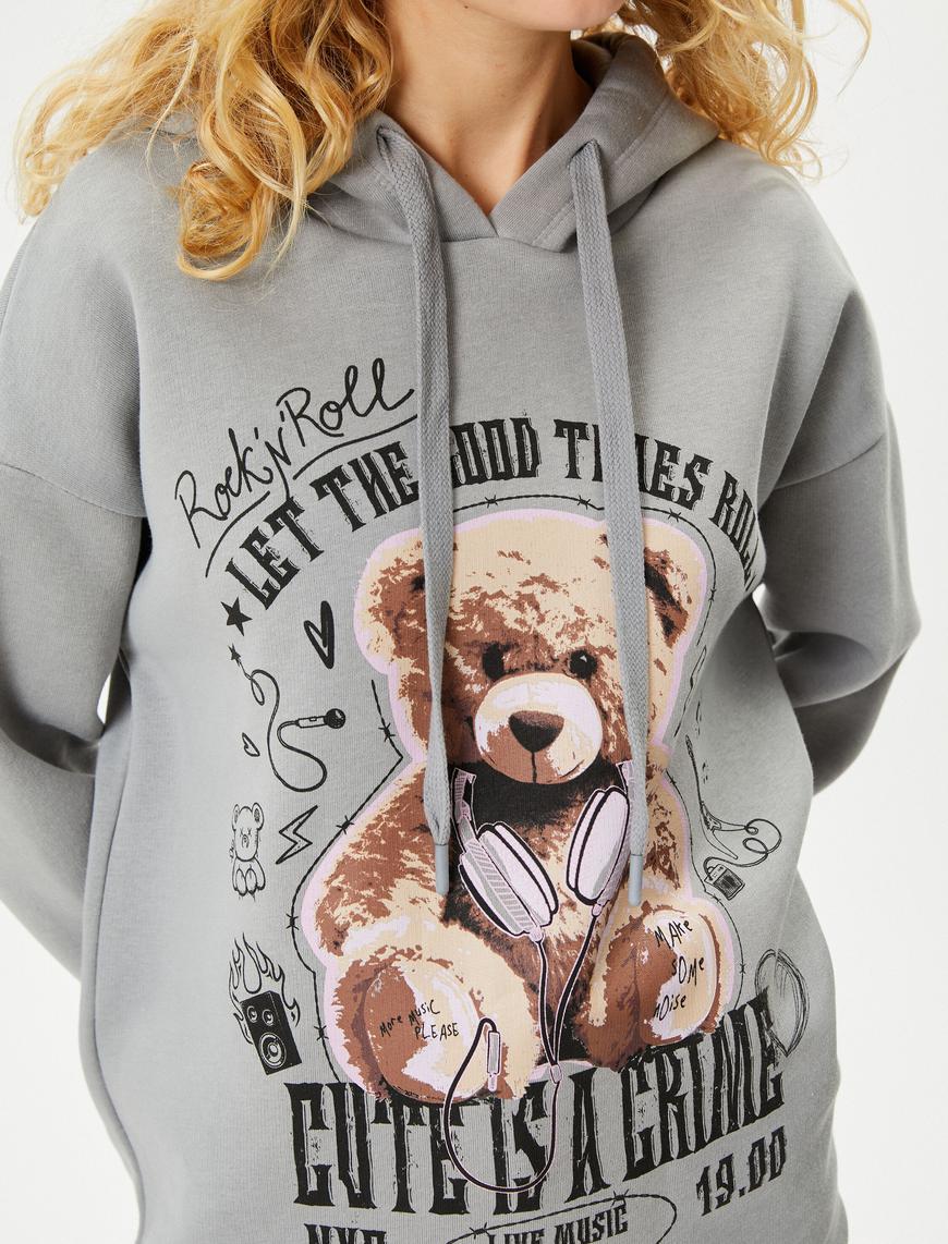   Şardonlu Kapşonlu Sweatshirt Ayıcık Baskılı Rahat Kalıp Uzun Kollu Pamuklu
