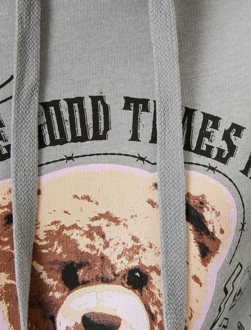  Şardonlu Kapşonlu Sweatshirt Ayıcık Baskılı Rahat Kalıp Uzun Kollu Pamuklu