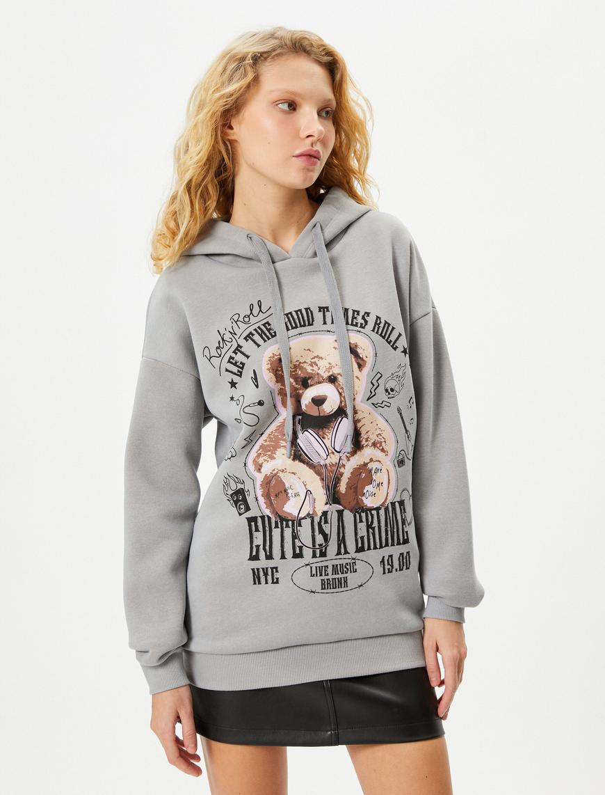   Şardonlu Kapşonlu Sweatshirt Ayıcık Baskılı Rahat Kalıp Uzun Kollu Pamuklu