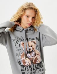 Şardonlu Kapşonlu Sweatshirt Ayıcık Baskılı Rahat Kalıp Uzun Kollu Pamuklu