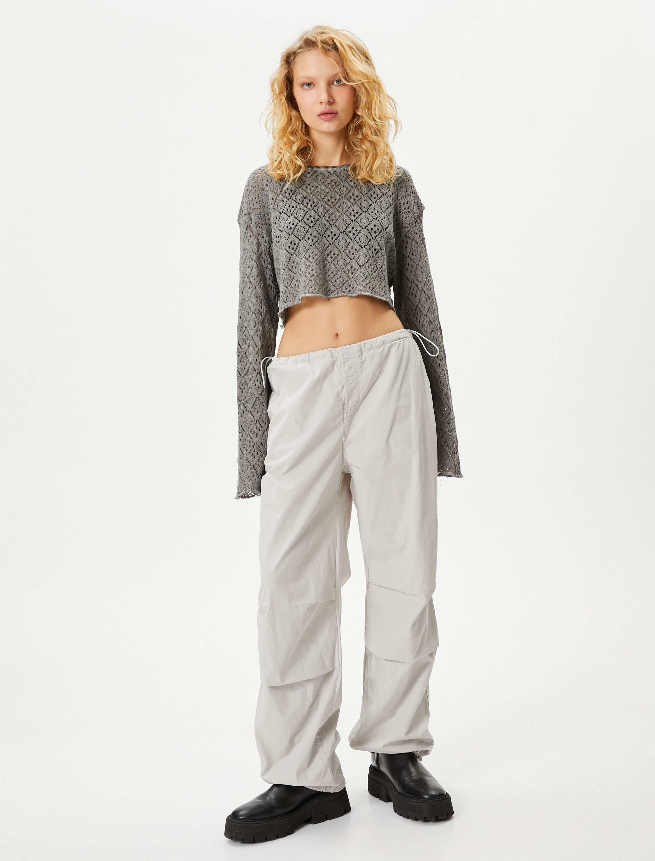   Uzun Kollu Tişört Crop Ajurlu Rahat Kesim Bisiklet Yaka