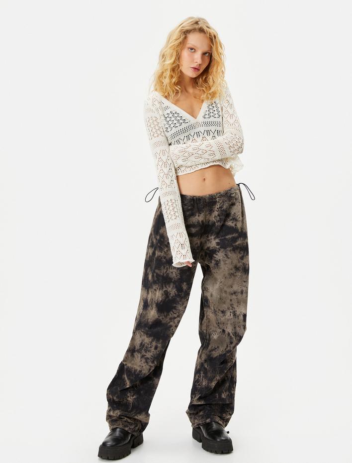  Triko Ajurlu Crop Tişört Uzun Kollu V Yaka