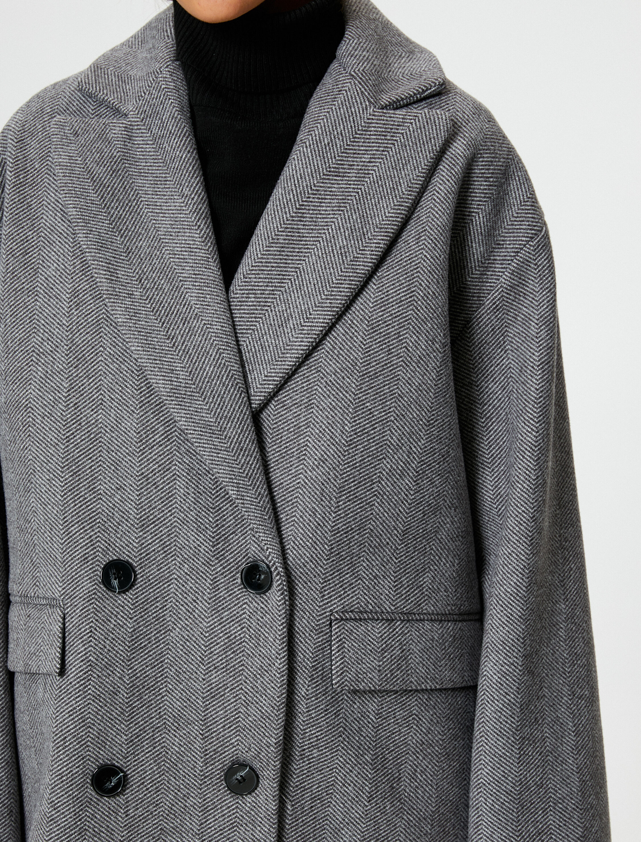   Oversize Kaşe Kaban Kruvaze Düğmeli Kapaklı Cepli