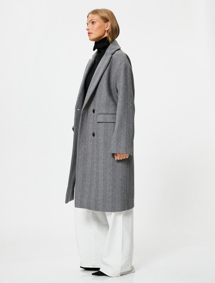  Oversize Kaşe Kaban Kruvaze Düğmeli Kapaklı Cepli