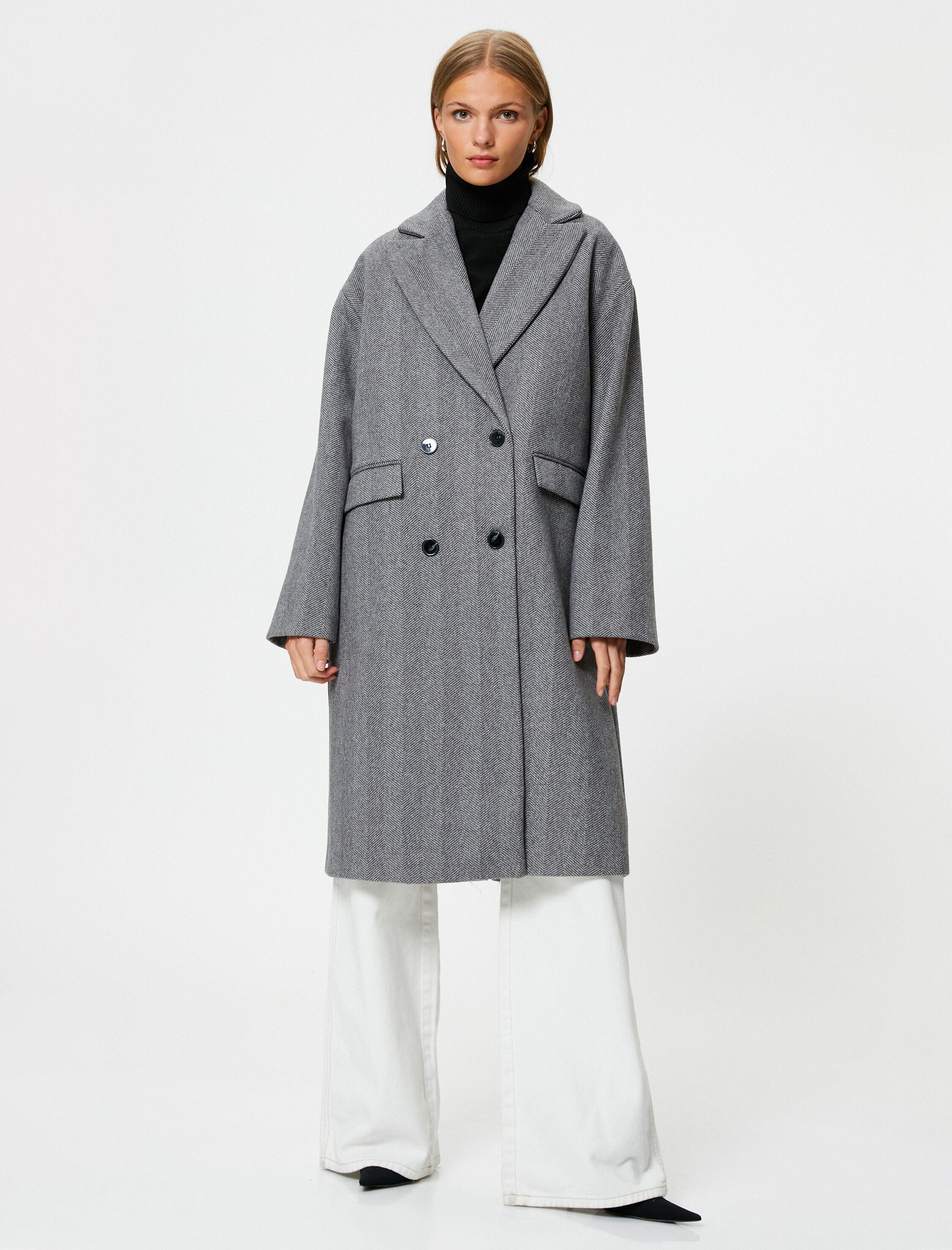   Oversize Kaşe Kaban Kruvaze Düğmeli Kapaklı Cepli