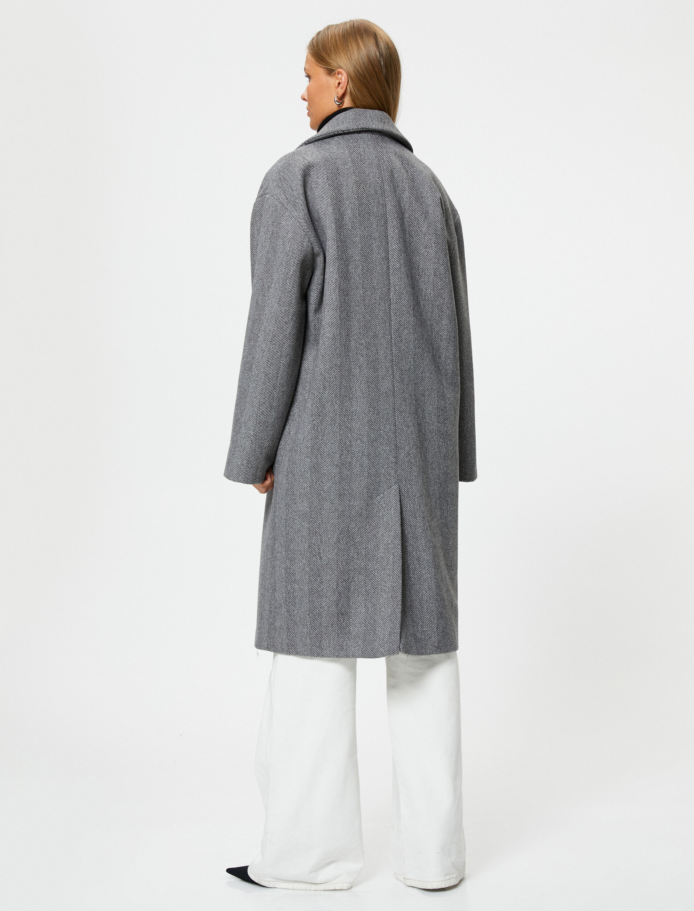   Oversize Kaşe Kaban Kruvaze Düğmeli Kapaklı Cepli