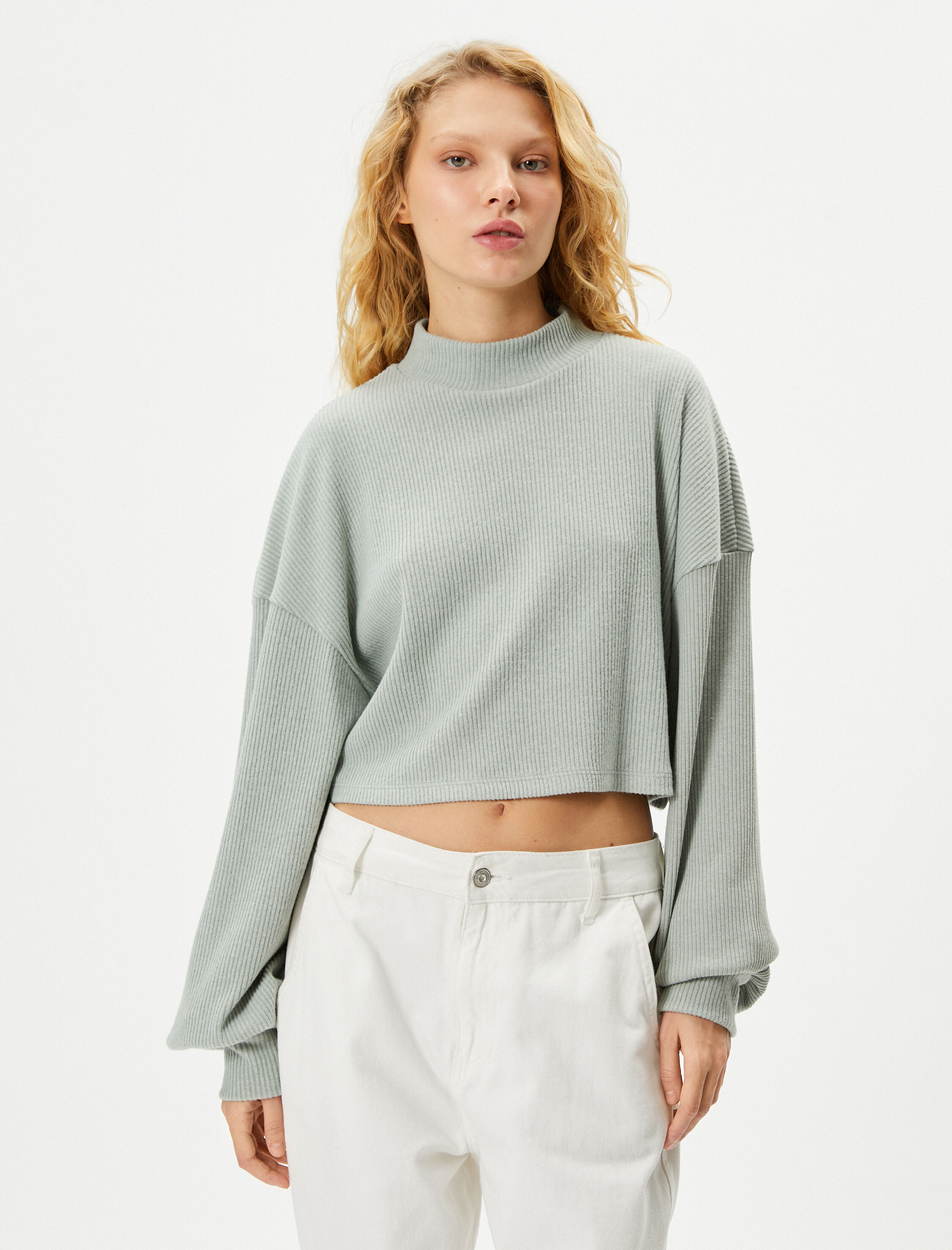   Balıkçı Yaka Balon Kol Tişört Crop Yumuşak Dokulu Kaşkorse