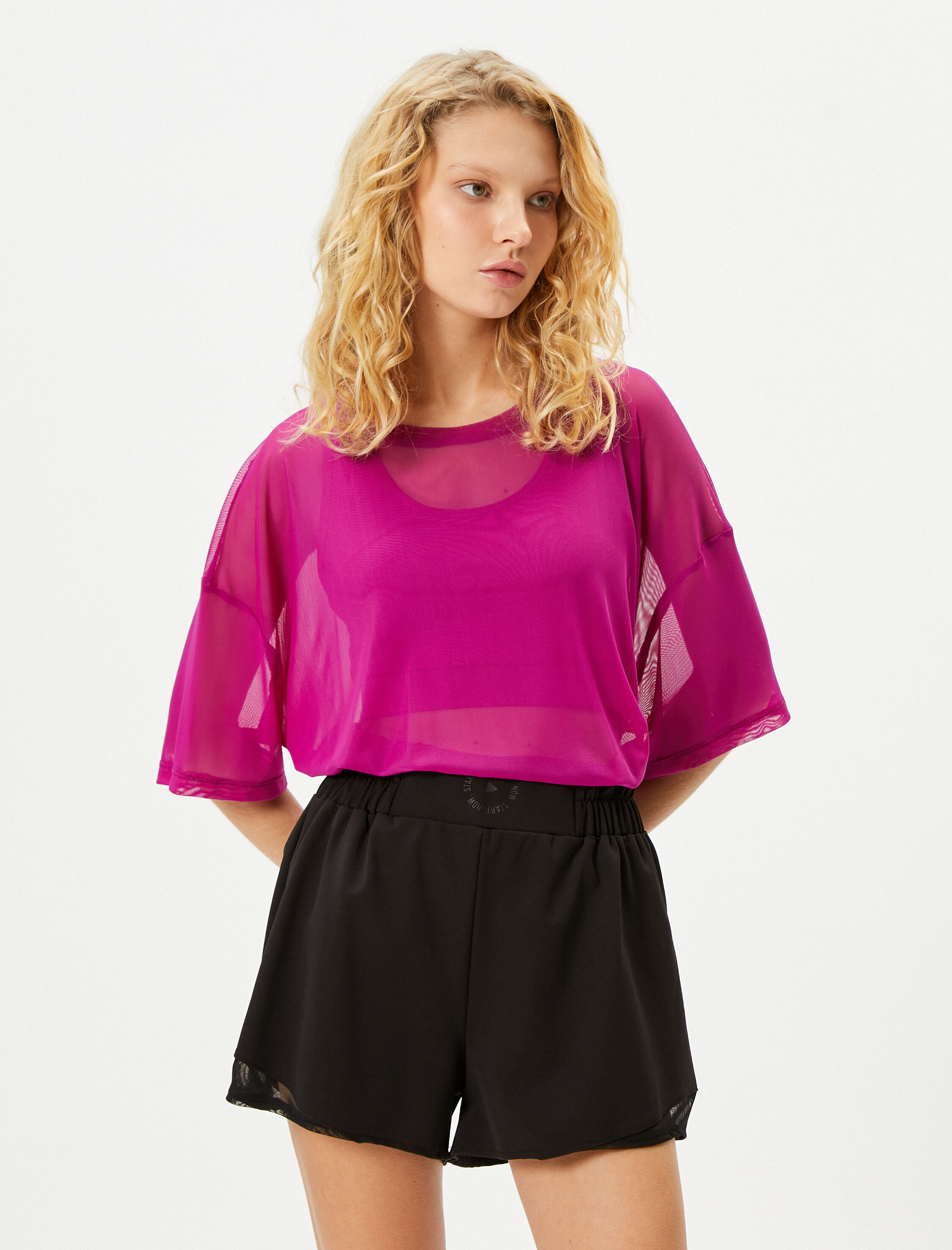   Tül Spor Tişört Oversize Kısa Kollu Bisiklet Yaka