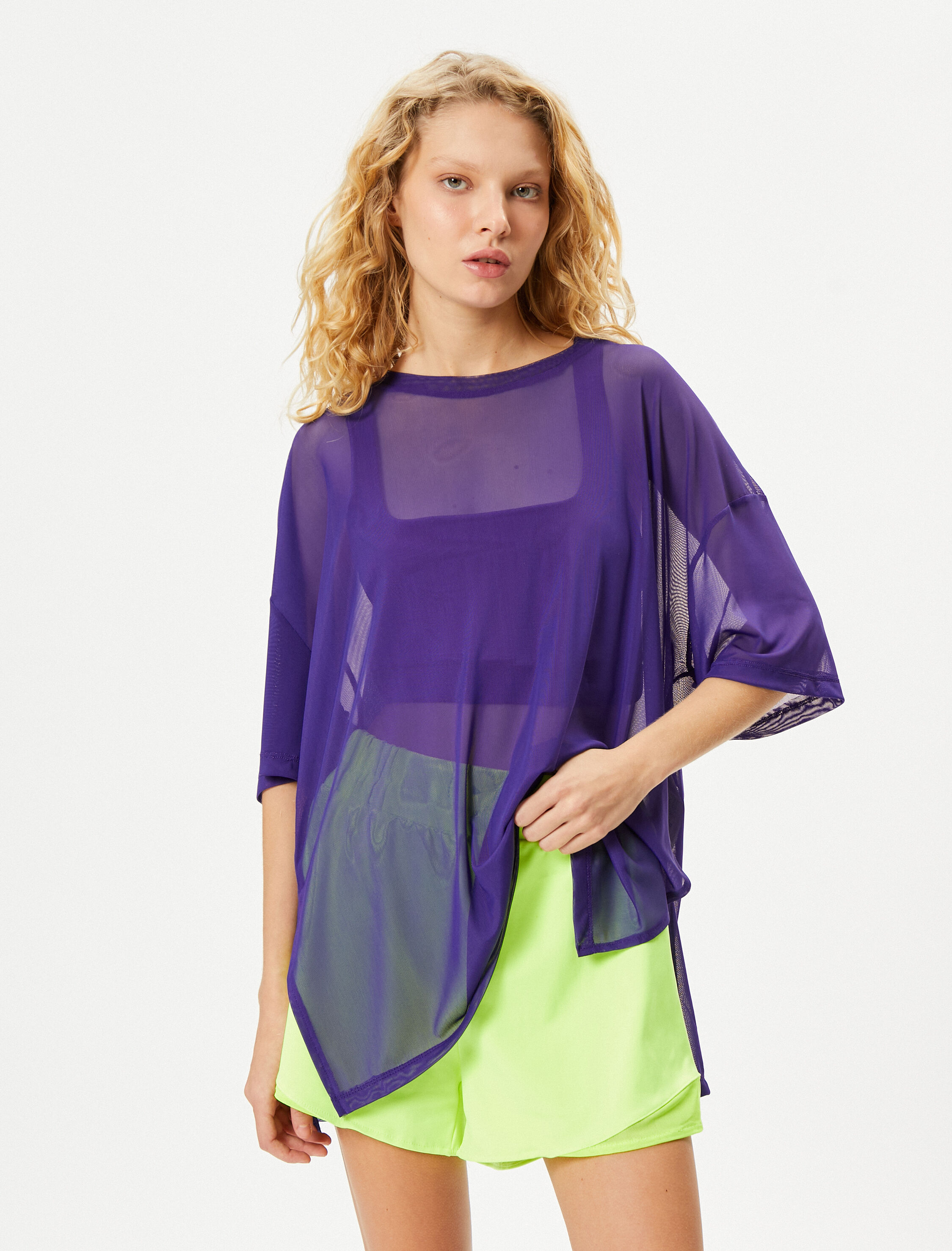   Tül Spor Tişört Oversize Kısa Kollu Bisiklet Yaka