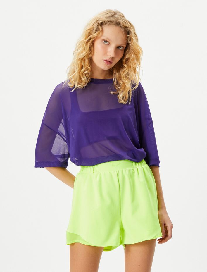  Tül Spor Tişört Oversize Kısa Kollu Bisiklet Yaka