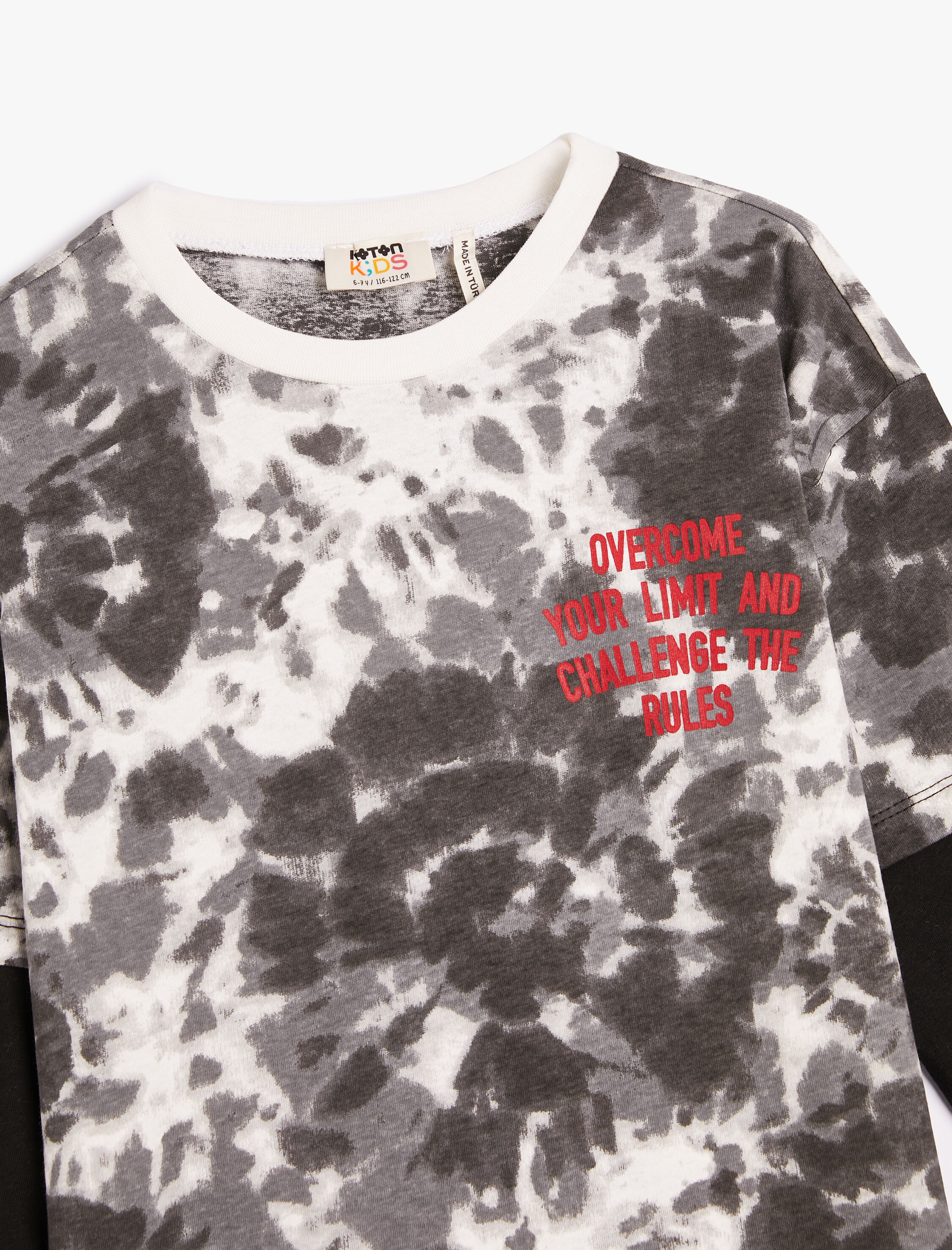  Erkek Çocuk Batik Desenli Tişört Uzun Kollu Bisiklet Yaka Slogan Baskılı Pamuklu