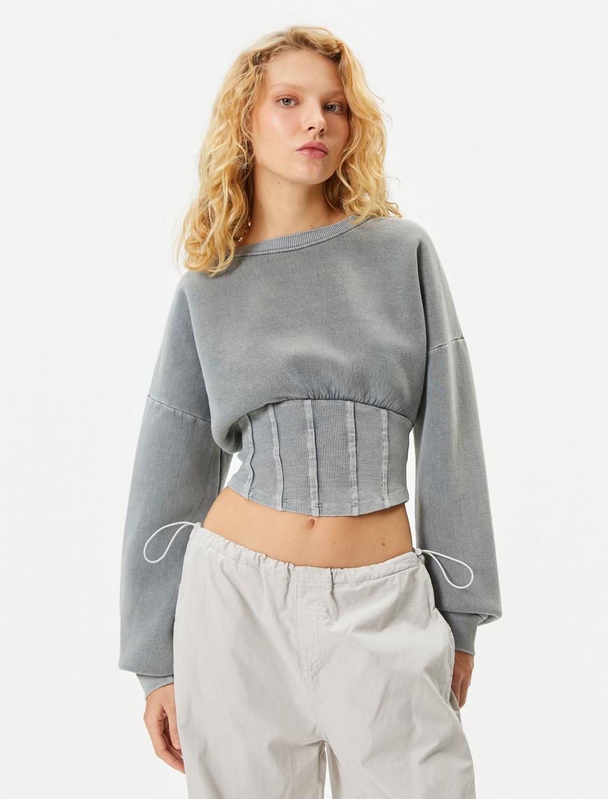   Crop Sweatshirt Korse Görünümlü Soluk Efektli Dar Kalıp Uzun Kollu Bisiklet Yaka