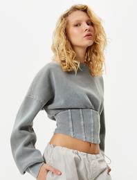 Crop Sweatshirt Korse Görünümlü Soluk Efektli Dar Kalıp Uzun Kollu Bisiklet Yaka