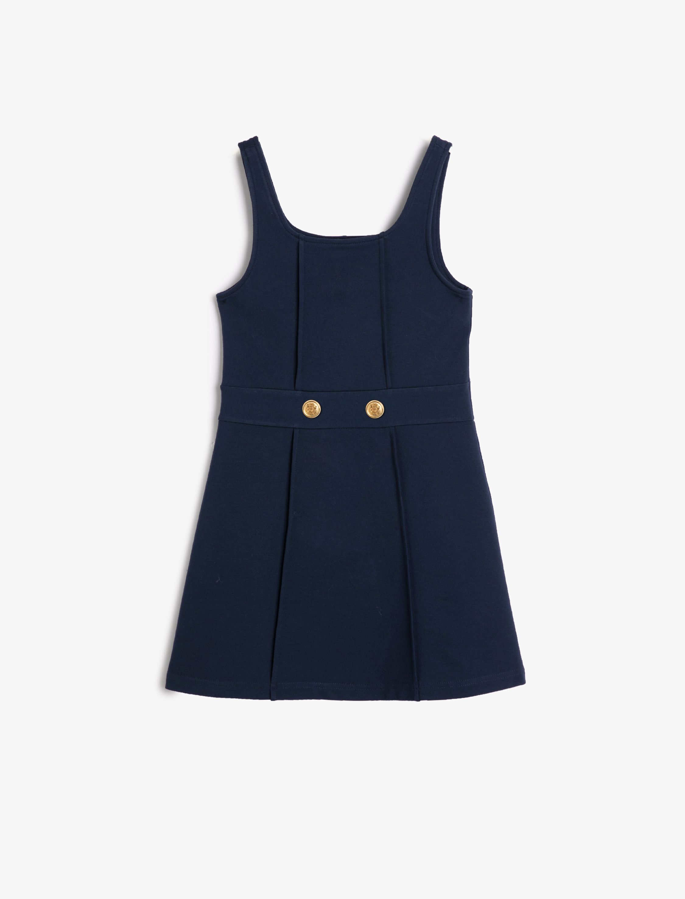 Kız Çocuk Jile Elbise Midi Boy Düğme Detaylı Kolsuz Kare Yaka Pamuklu