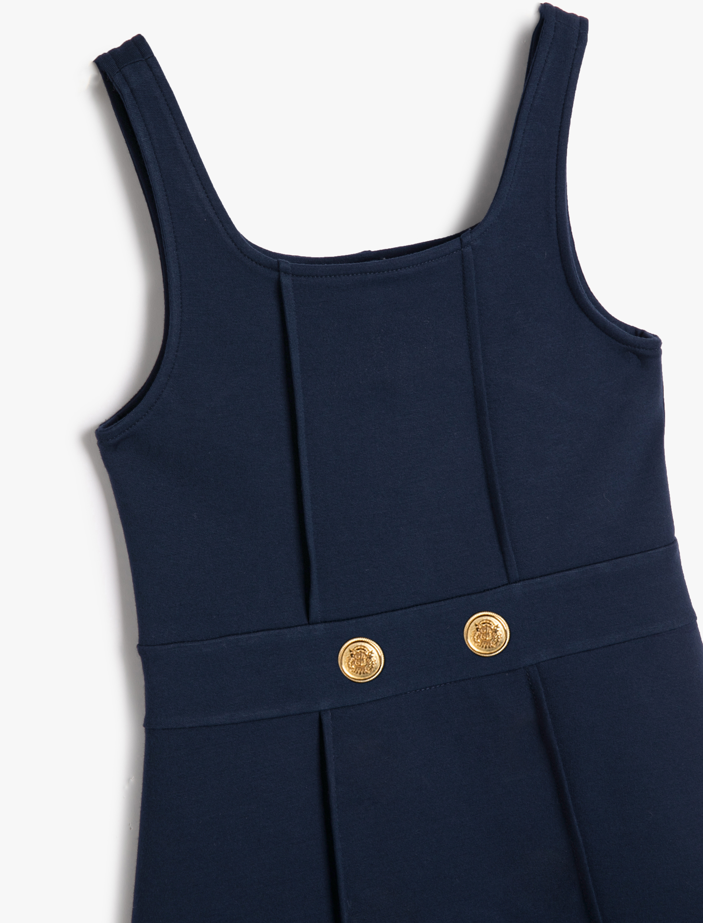 Kız Çocuk Jile Elbise Midi Boy Düğme Detaylı Kolsuz Kare Yaka Pamuklu