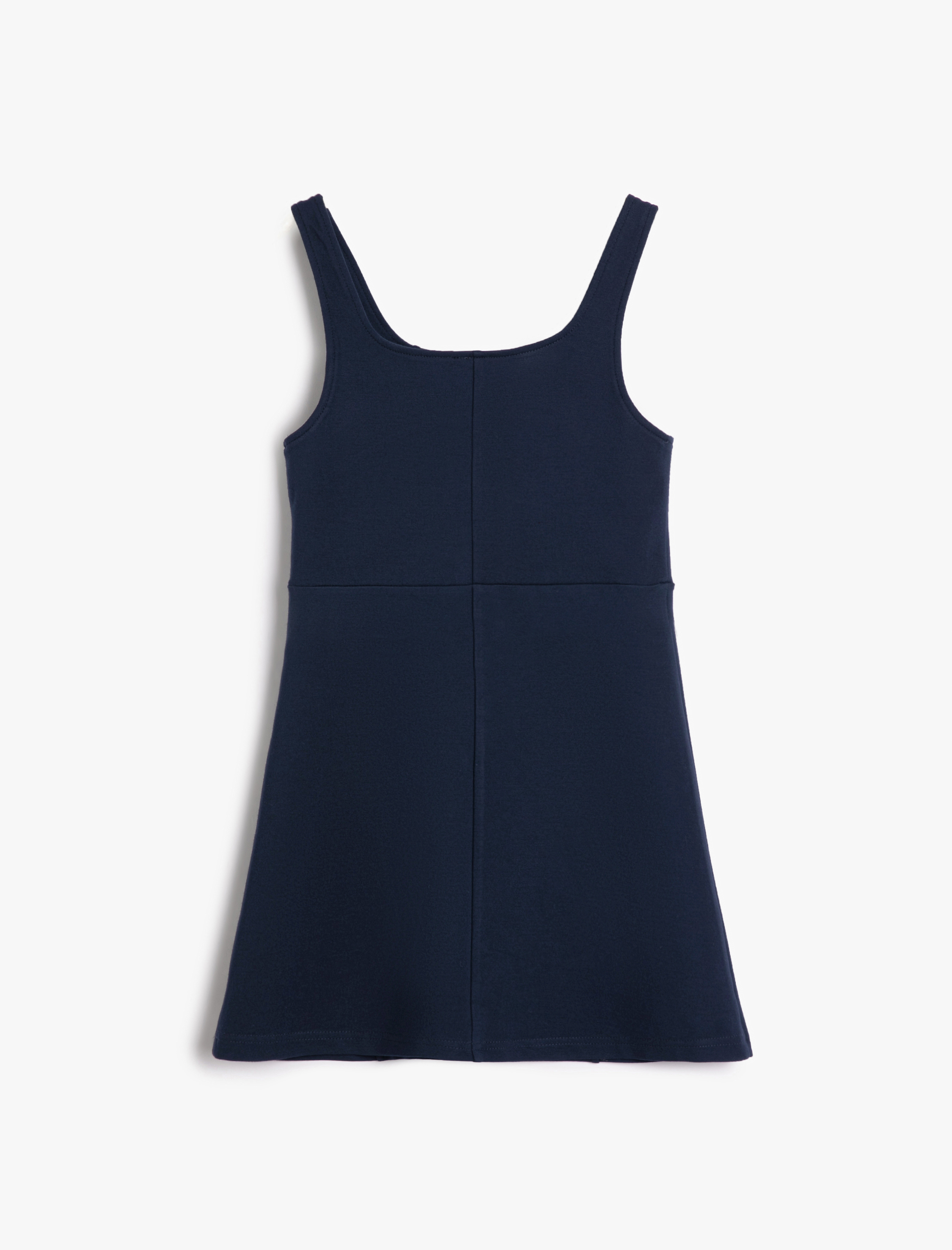 Kız Çocuk Jile Elbise Midi Boy Düğme Detaylı Kolsuz Kare Yaka Pamuklu