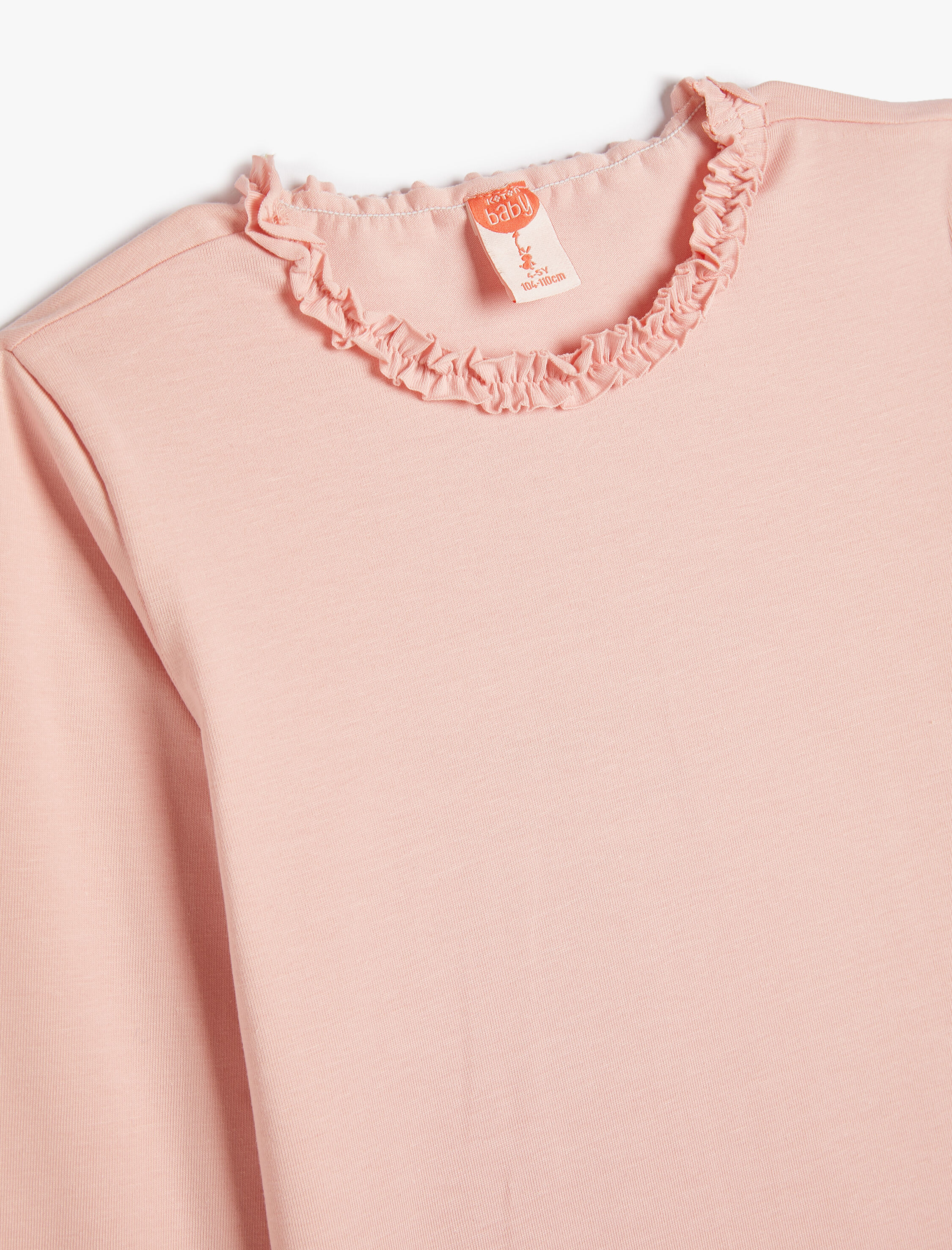  Kız Bebek Basic tişört Uzun Kollu Bisiklet Yaka Fırfır Detaylı Pamuklu