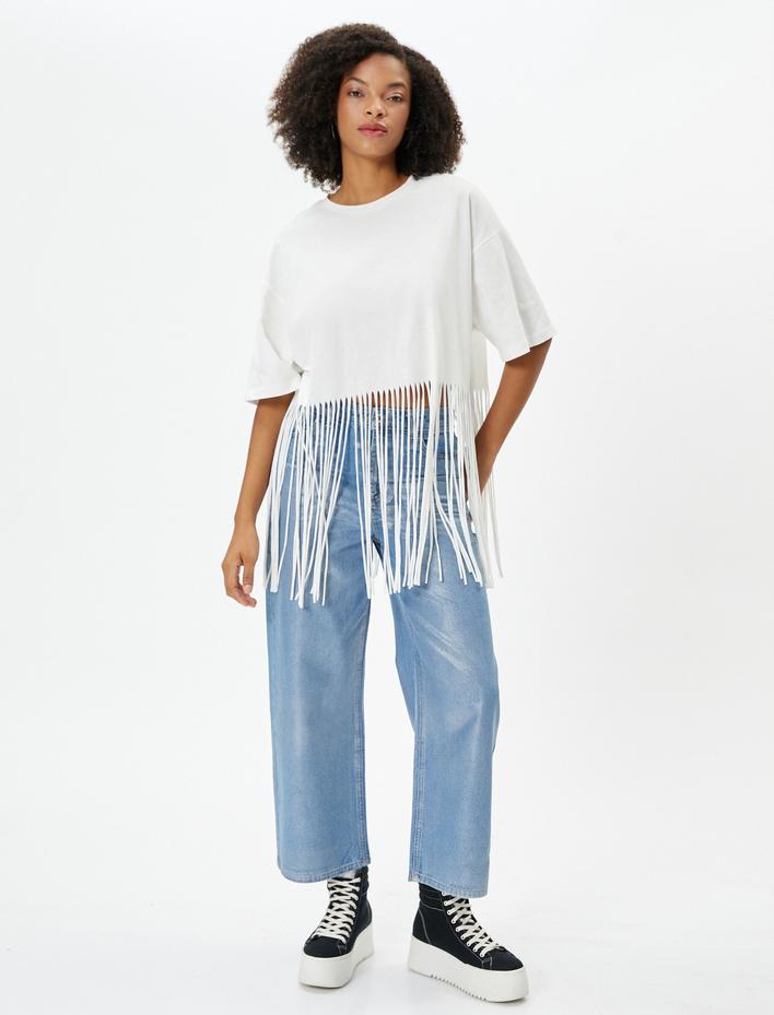  Püsküllü Crop Tişört Kısa Kollu Bisiklet Yaka Pamuklu