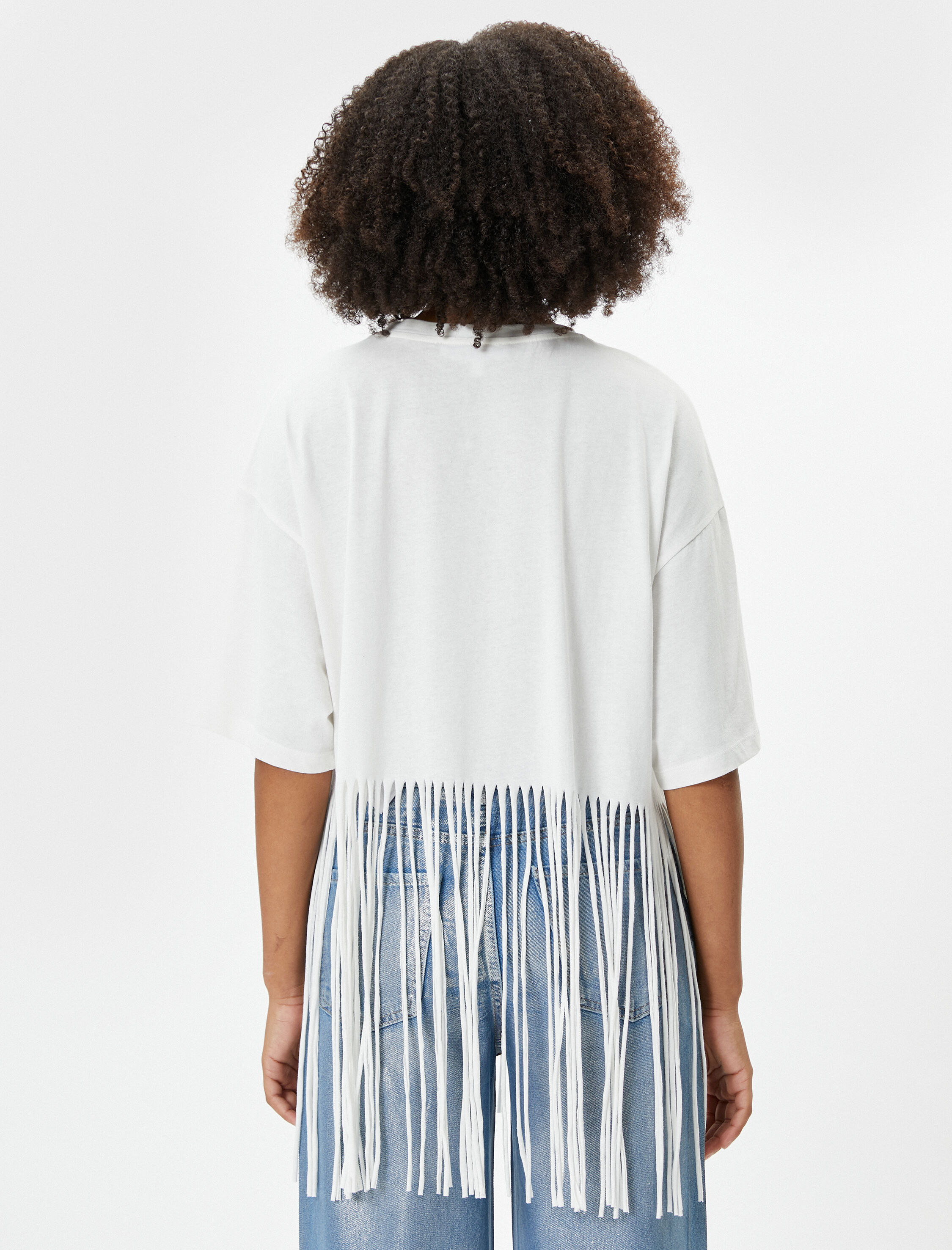   Püsküllü Crop Tişört Kısa Kollu Bisiklet Yaka Pamuklu