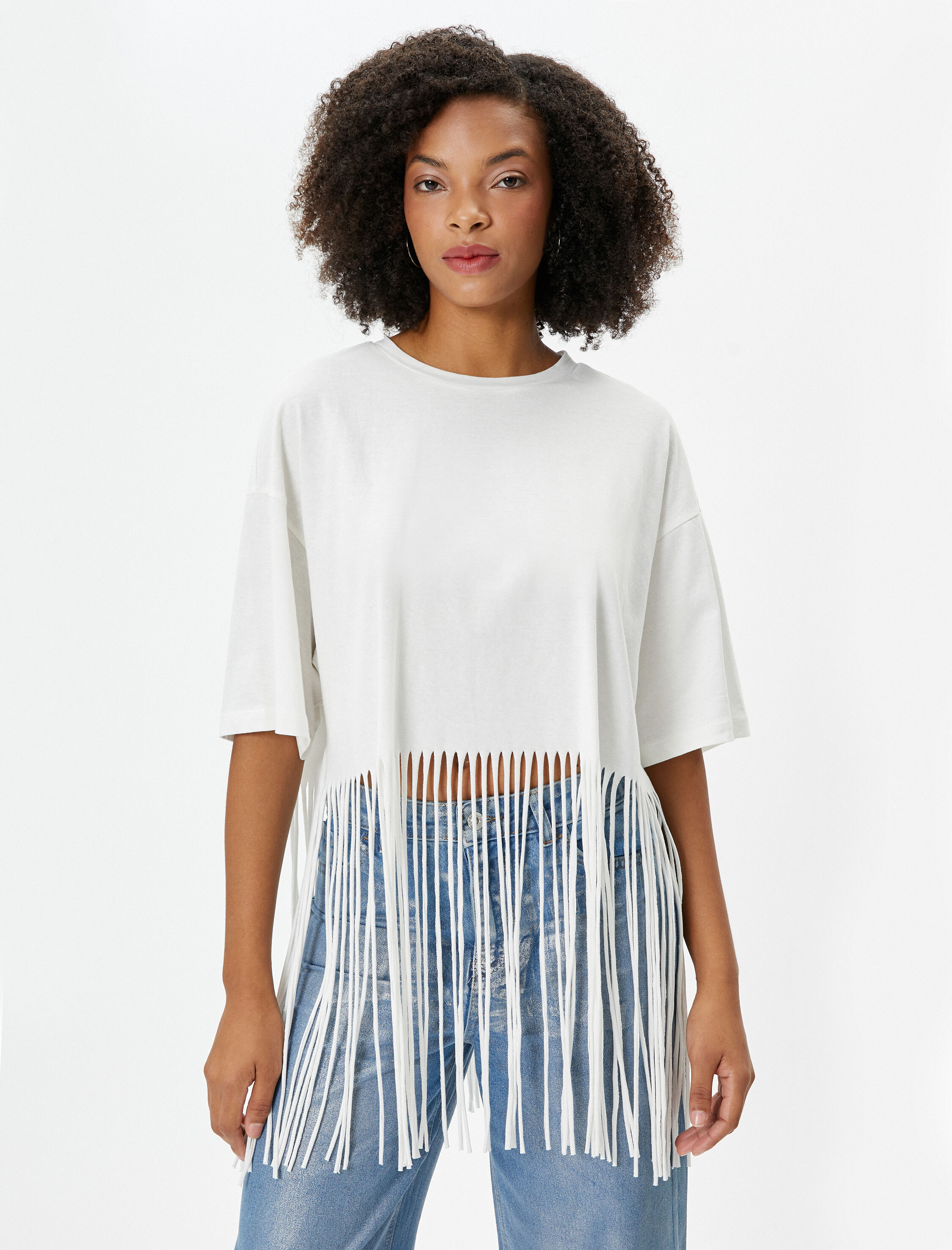   Püsküllü Crop Tişört Kısa Kollu Bisiklet Yaka Pamuklu