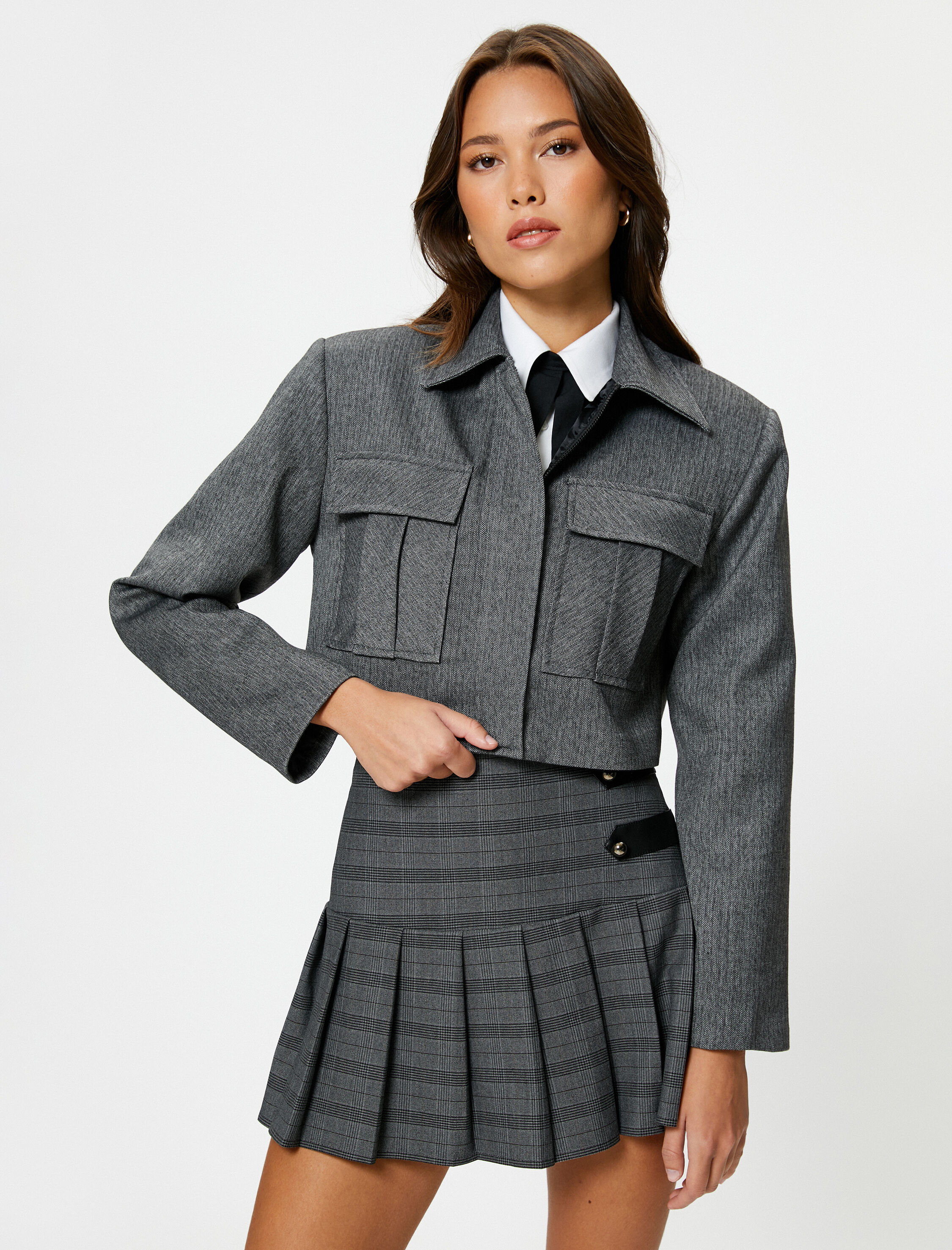   Crop Vatkalı Ceket Kargo Cepli Fermuarlı Viskon Karışımlı