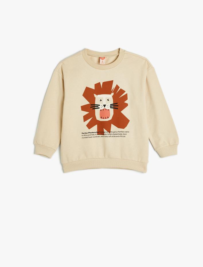 Erkek Bebek Aslanlı Sweatshirt Uzun Kollu Bisiklet Yaka Şardonlu Pamuklu