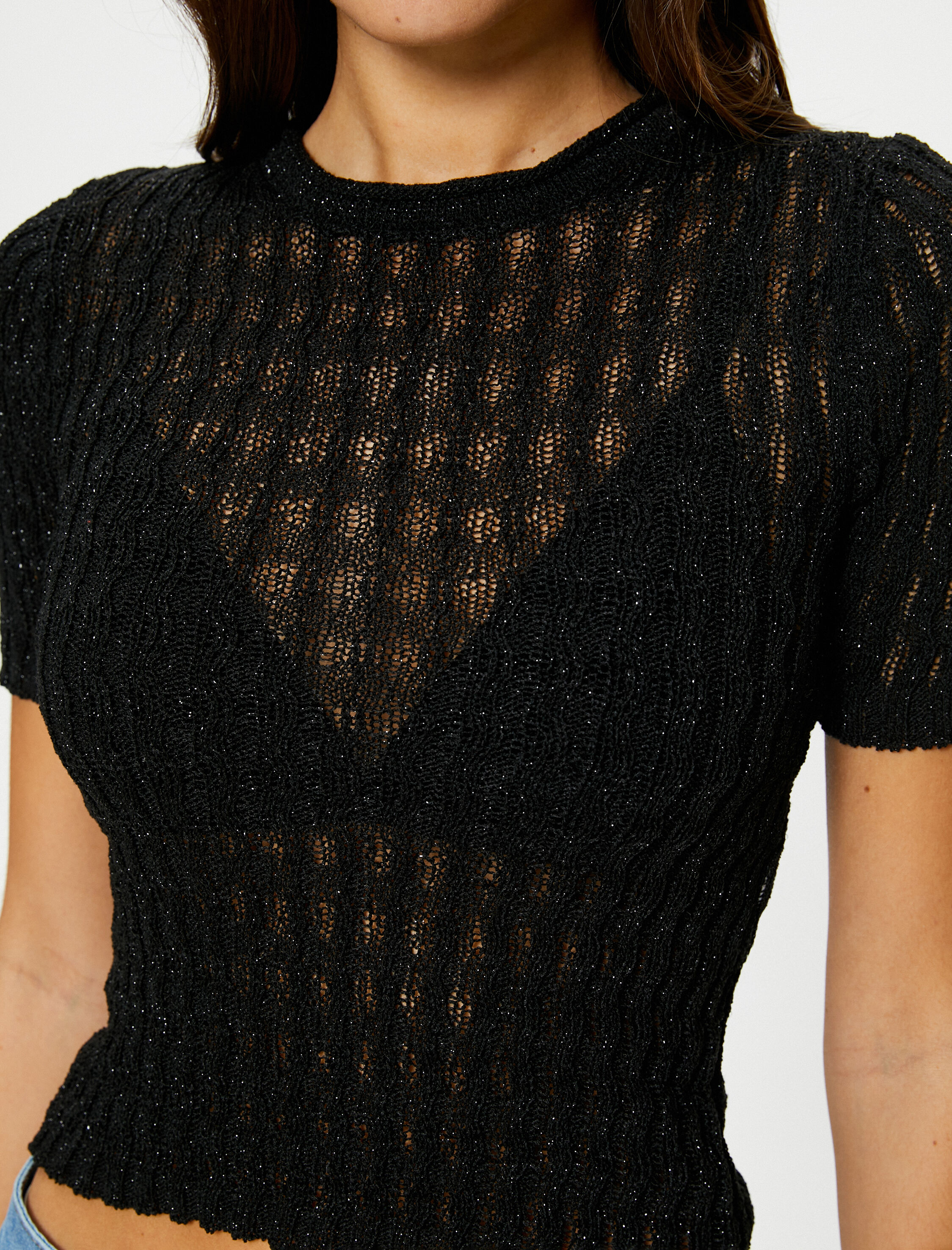   Kısa Kolllu Kazak Simli Bisiklet Yaka Dokulu