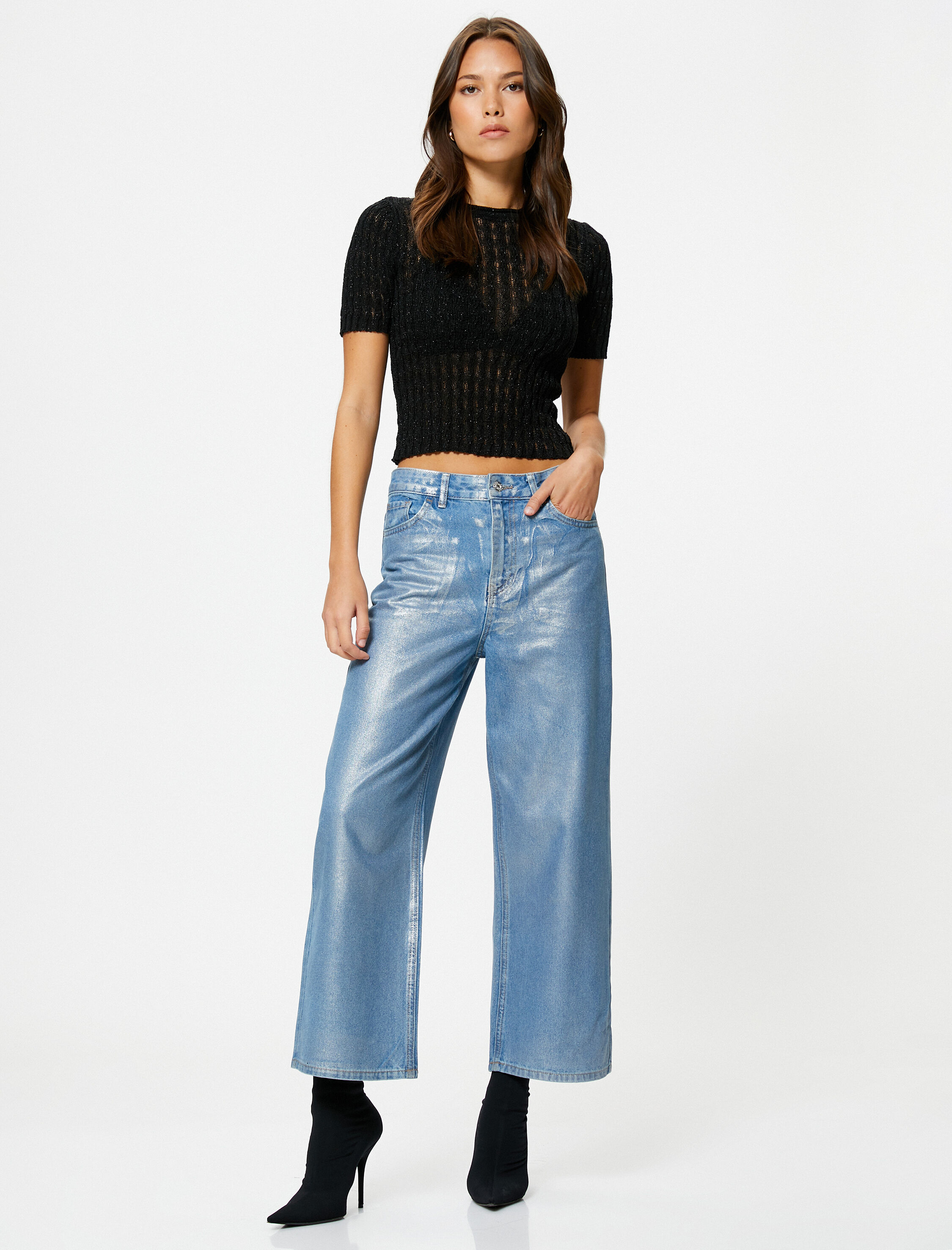   Kısa Kolllu Kazak Simli Bisiklet Yaka Dokulu