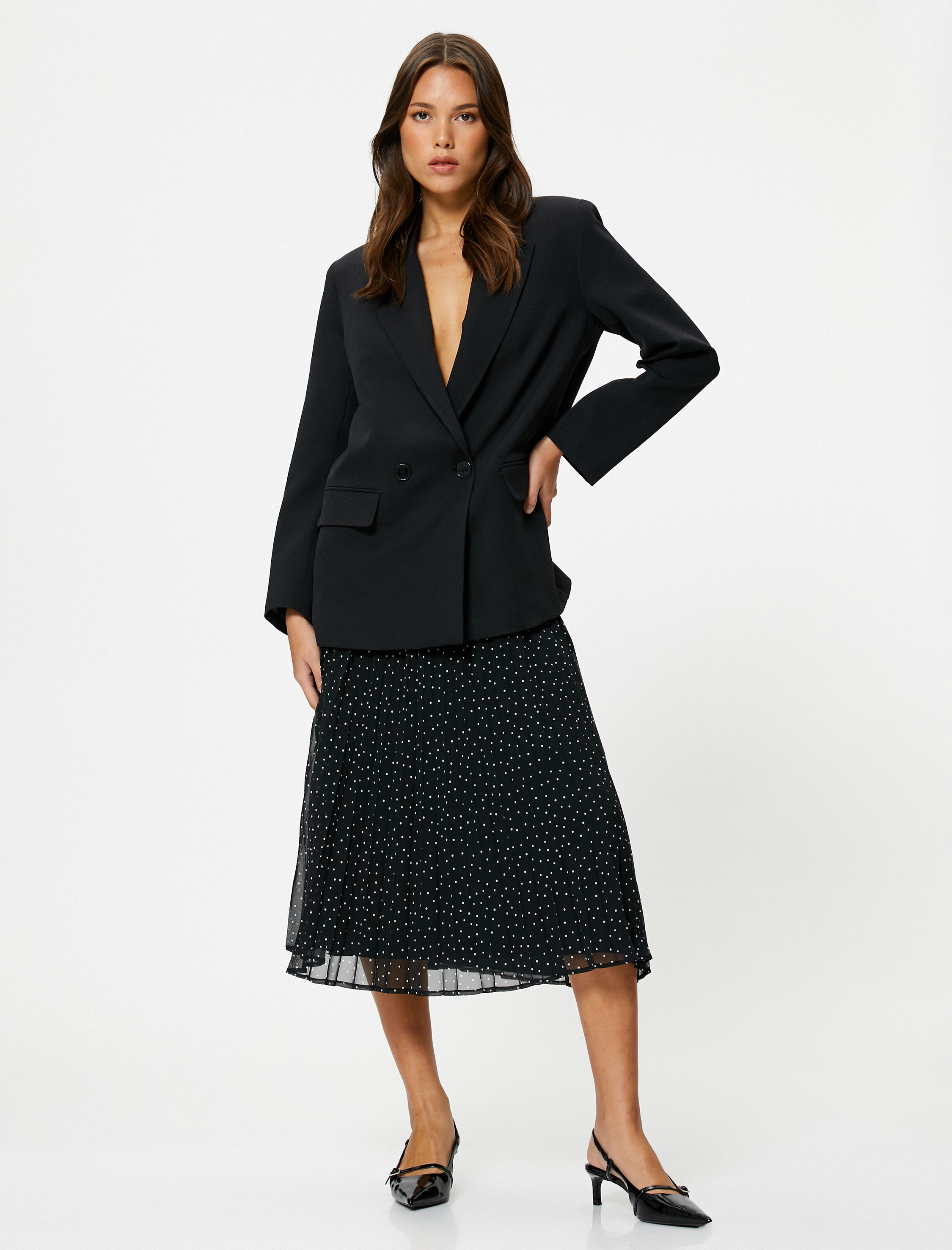   Midi Pileli Etek Şifon Puantiyeli Yüksek Bel