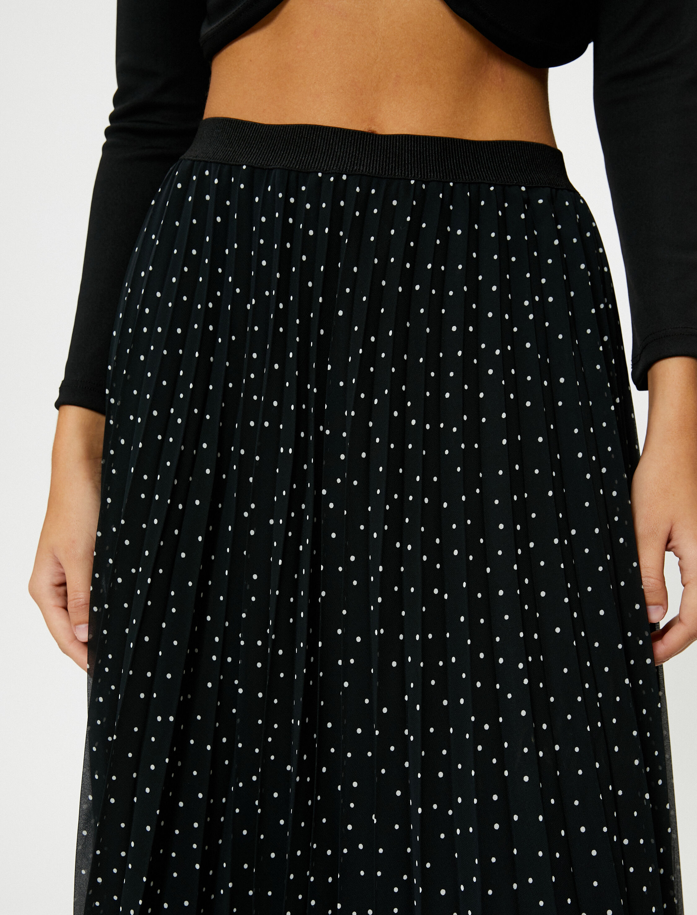   Midi Pileli Etek Şifon Puantiyeli Yüksek Bel