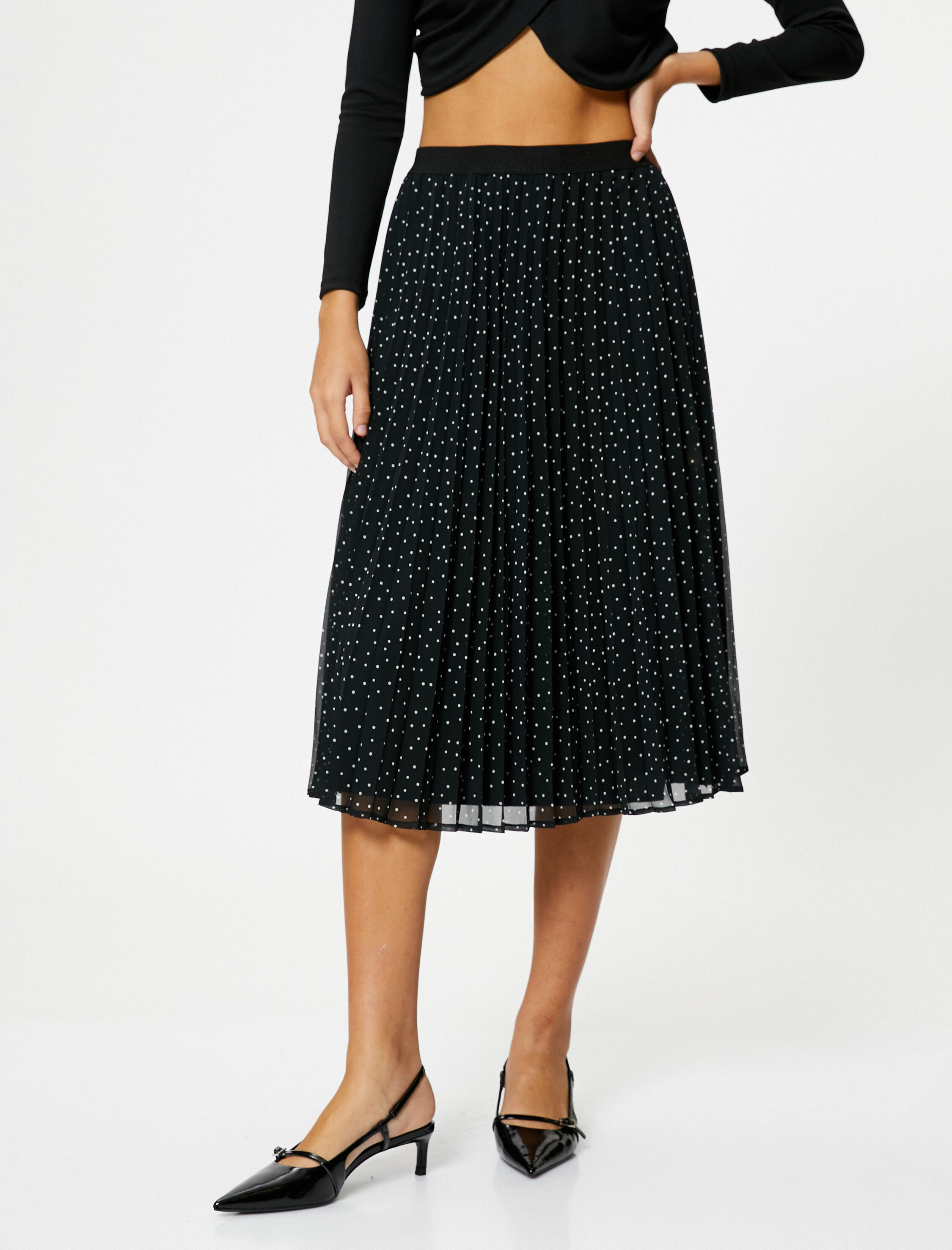   Midi Pileli Etek Şifon Puantiyeli Yüksek Bel