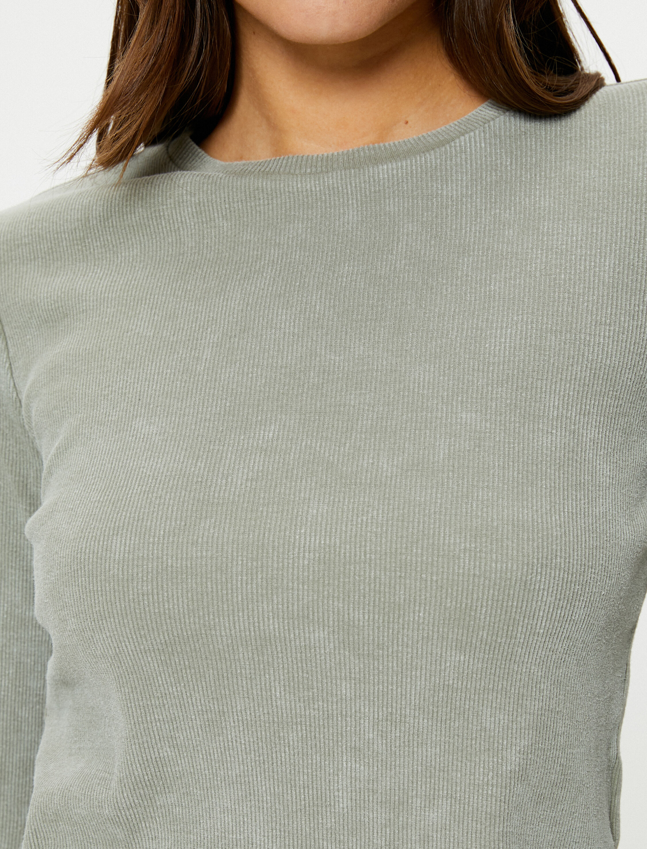   Uzun Kollu Tişört Bisiklet Yaka Fitilli Pamuklu