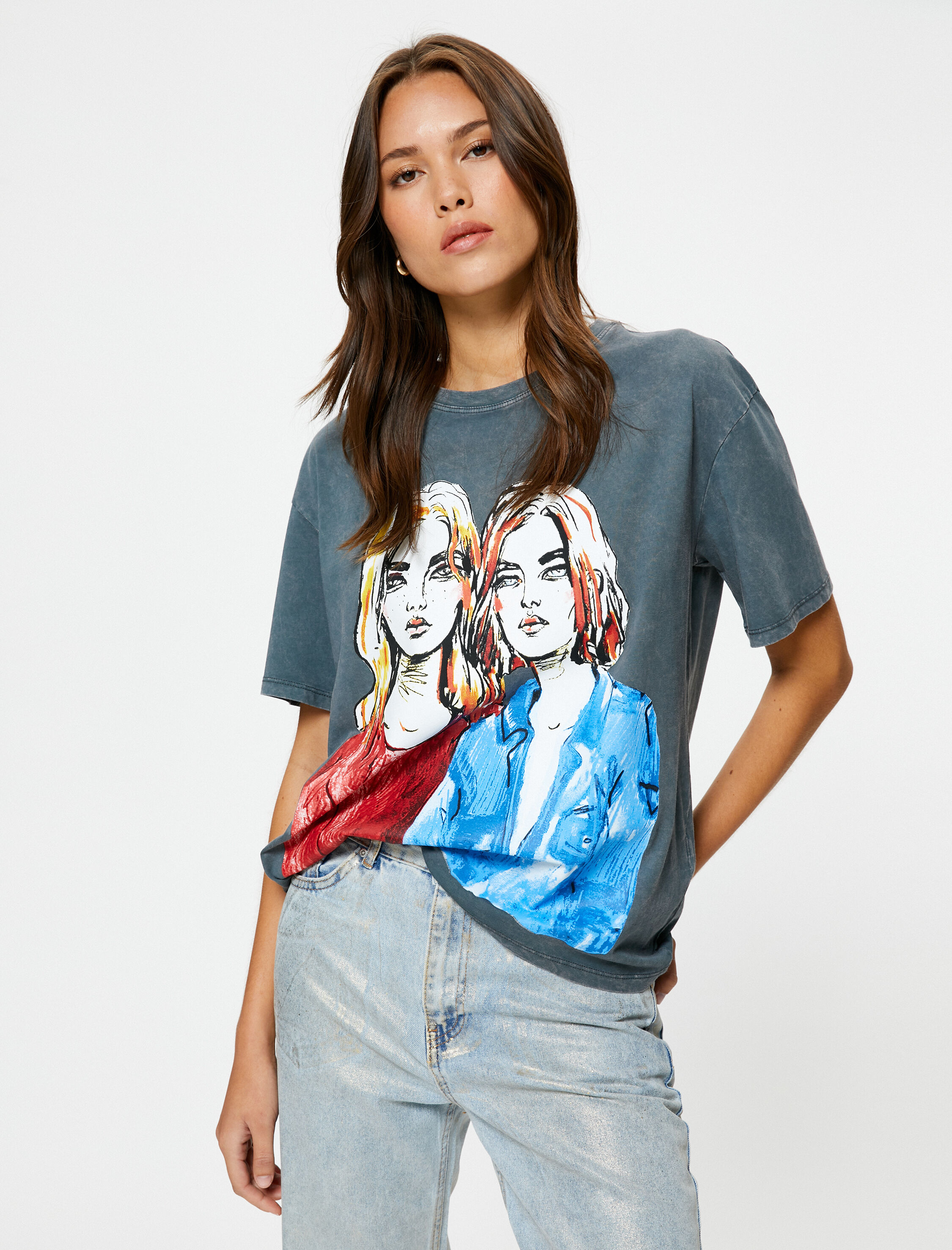   Baskılı Tişört Kısa Kollu Bisiklet Yaka Soluk Efektli Regular Fit