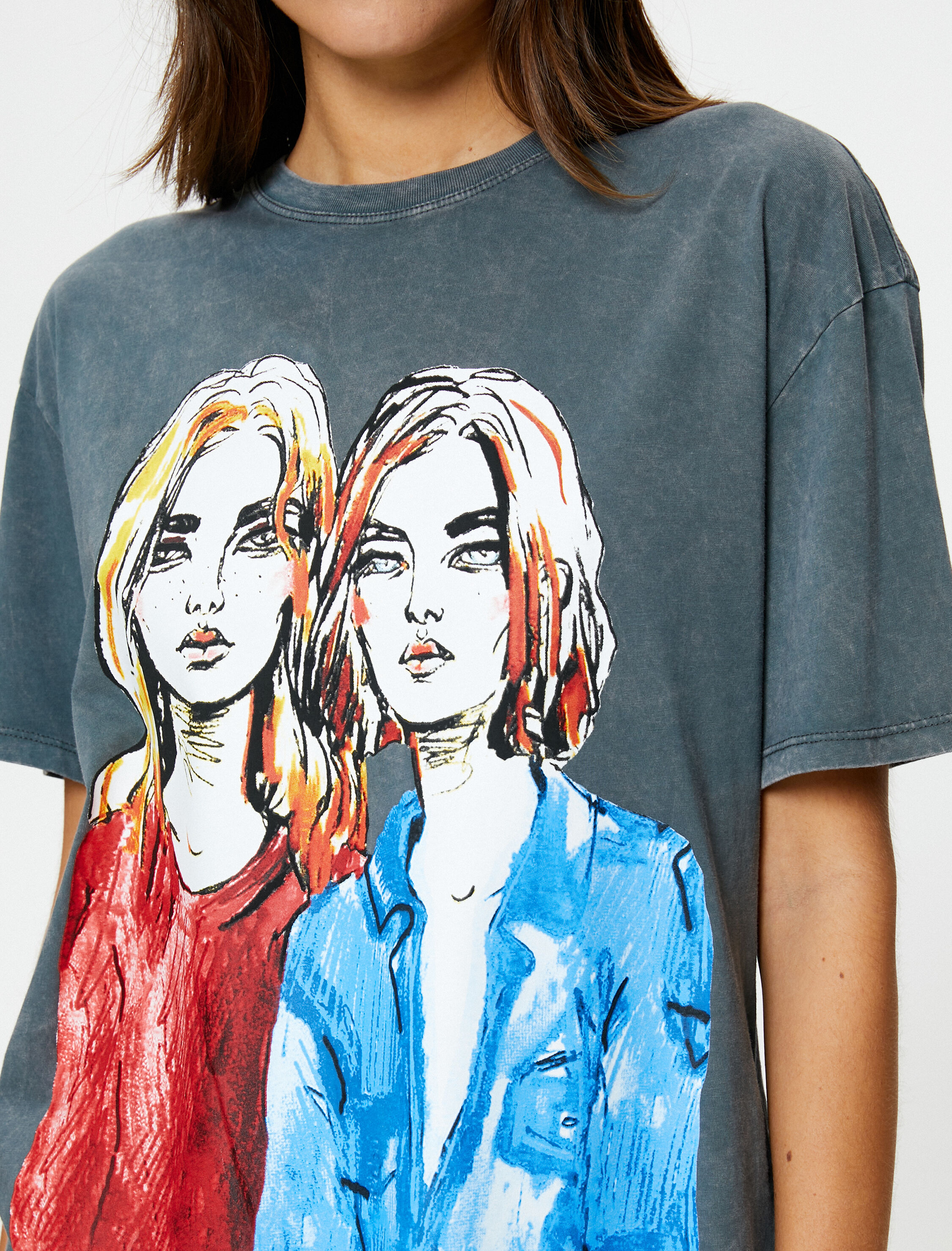   Baskılı Tişört Kısa Kollu Bisiklet Yaka Soluk Efektli Regular Fit