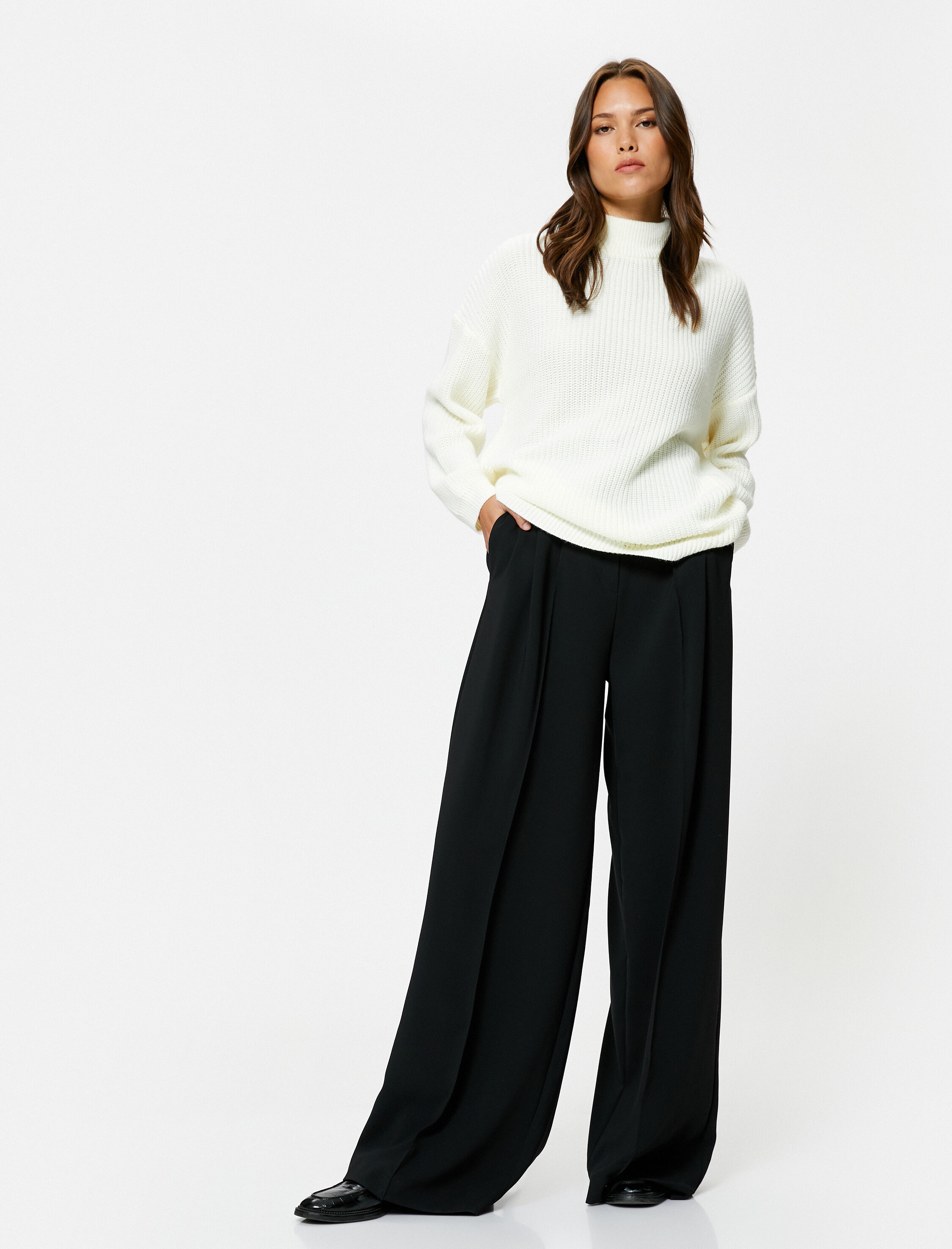   Oversize Kazak Dik Yaka Örgü Kaşmir Dokulu