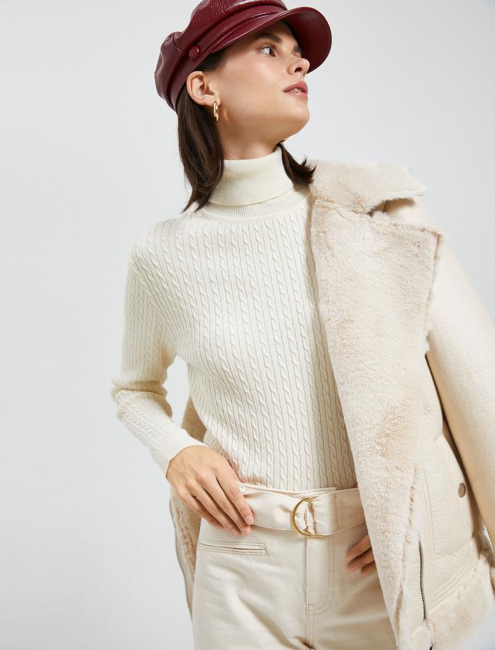  Balıkçı Yaka Kazak Dar Kesim Örgü Motifli Kaşmir Dokulu