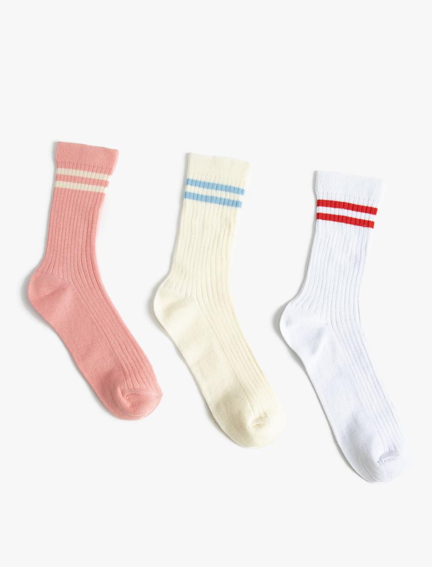  Kadın 3'lü Soket Çorap Seti Çizgi İşlemeli Çok Renkli