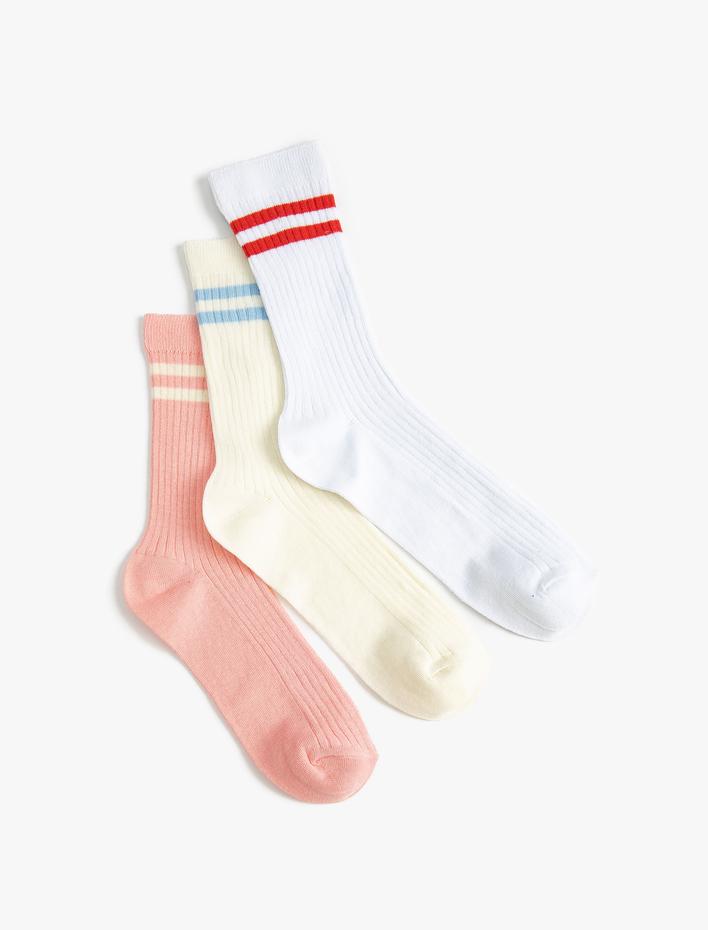 Kadın 3'lü Soket Çorap Seti Çizgi İşlemeli Çok Renkli