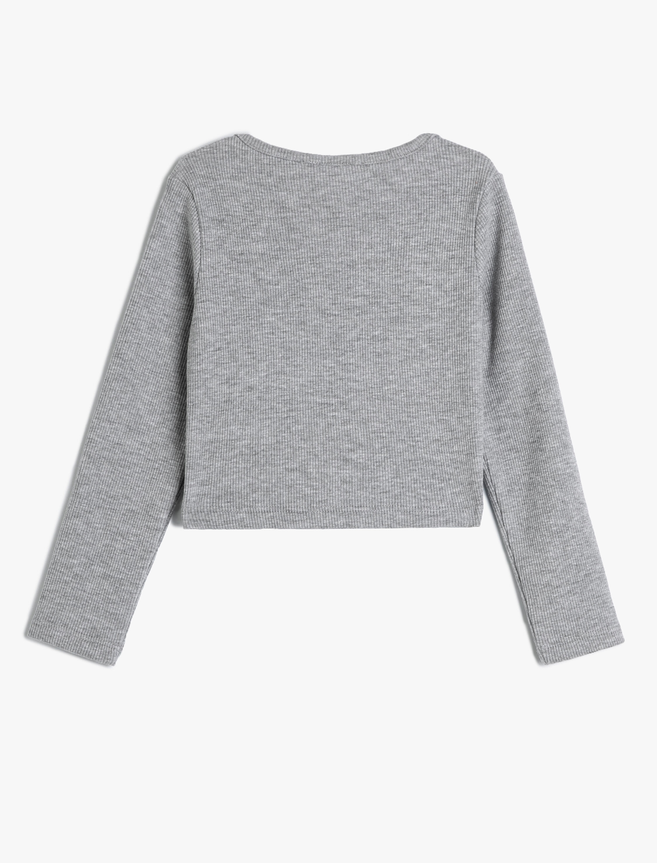  Kız Çocuk Tişört Pencere Detaylı Uzun Kollu Yuvarlak Yaka