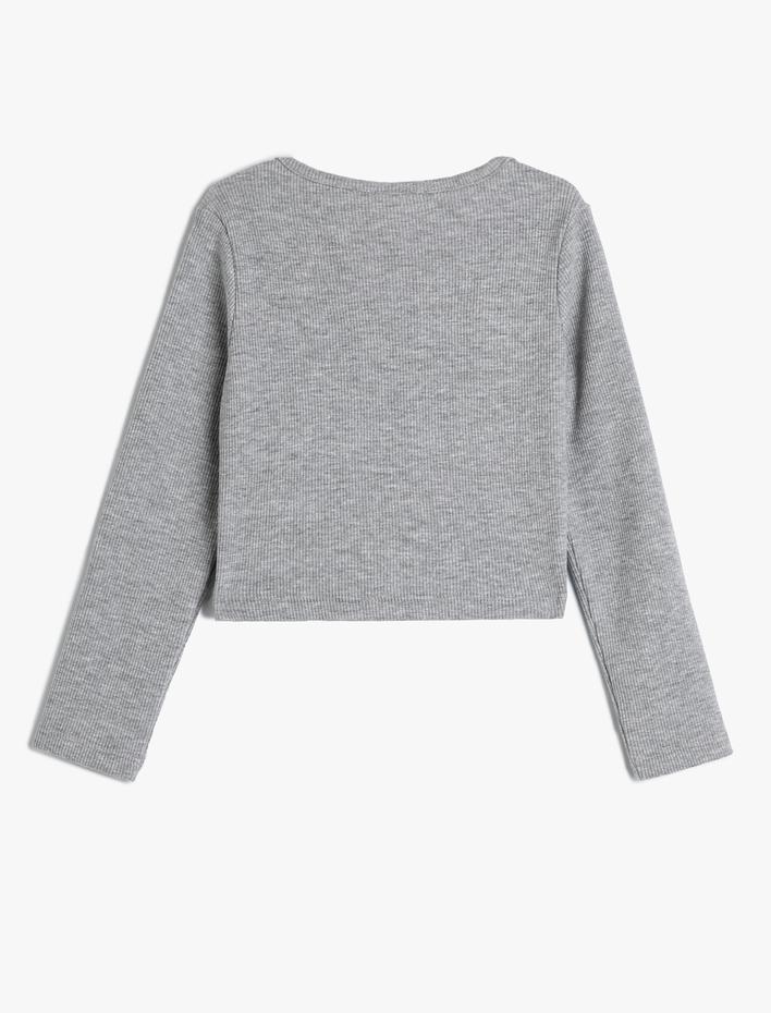 Kız Çocuk Tişört Pencere Detaylı Uzun Kollu Yuvarlak Yaka