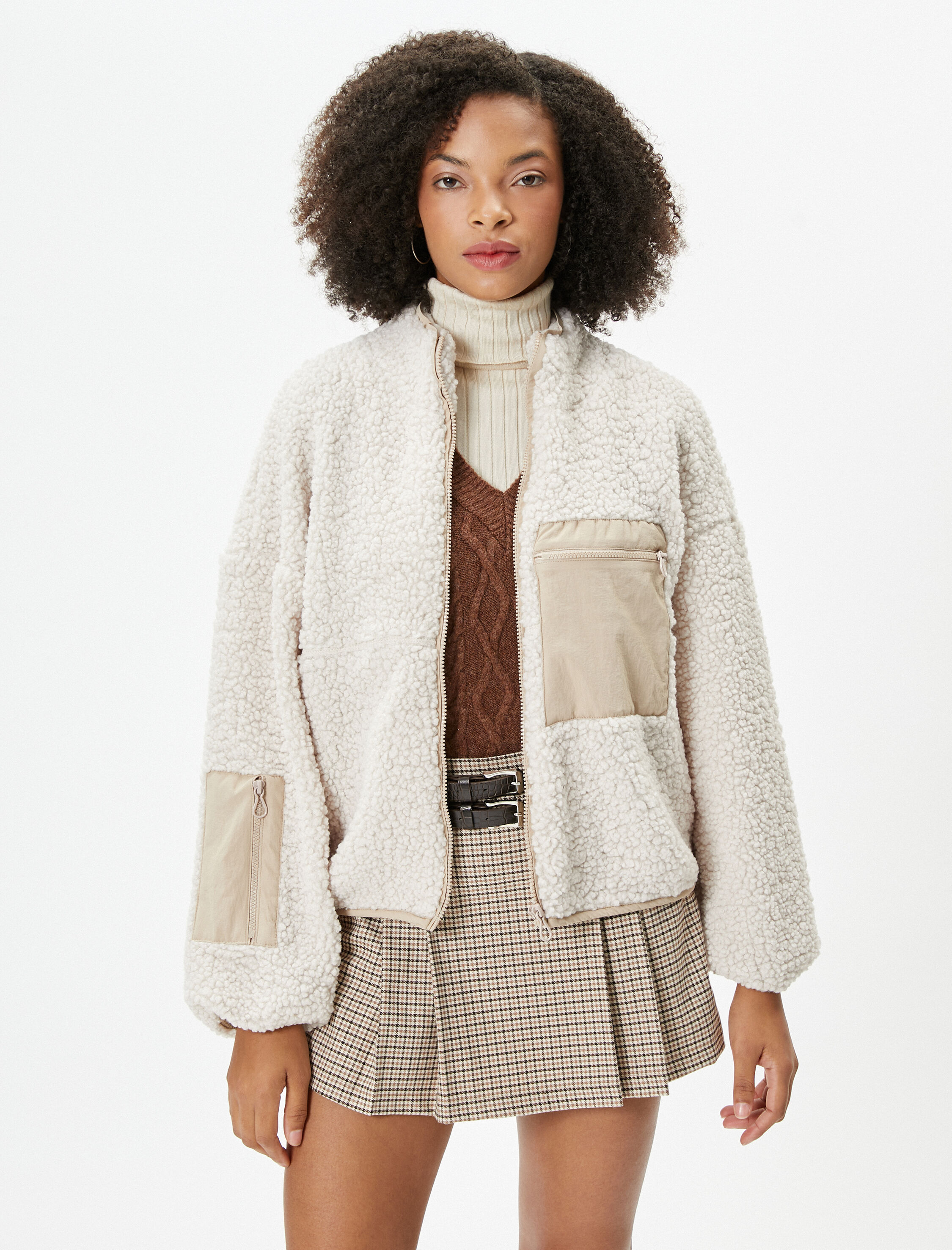   Peluş Sweatshirt Fermuarlı Dik Yaka Cep Detaylı İki Farklı Kumaş Kullanımlı