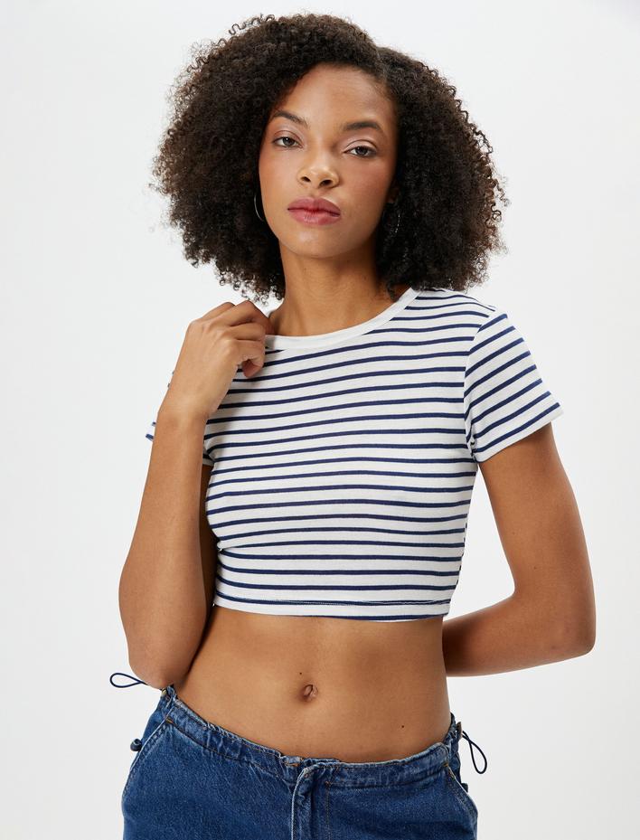  Crop Tişört Kısa Kollu Bisiklet Yaka Slim Fit