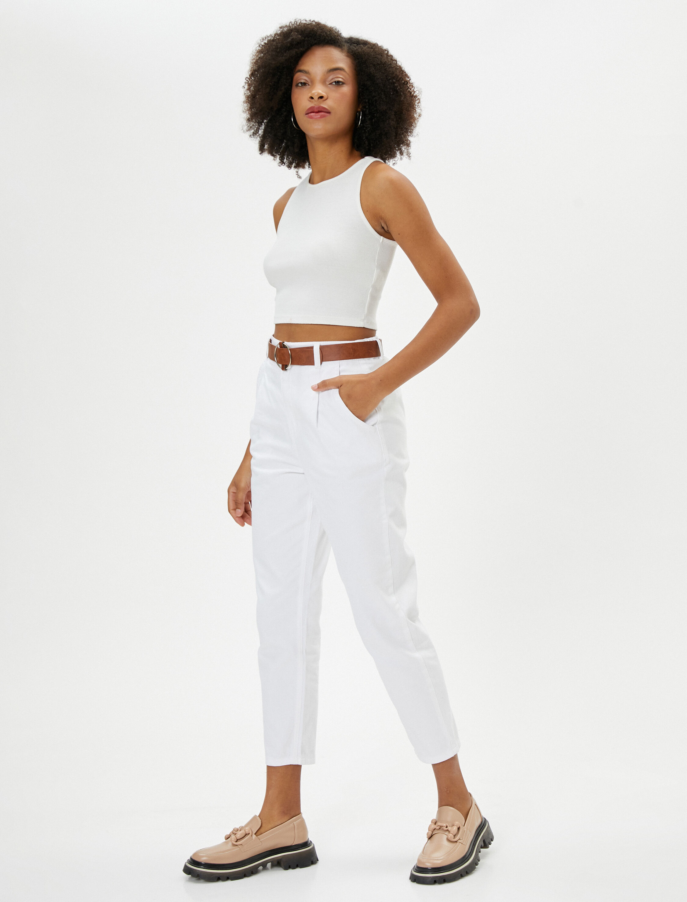   Havuç Pantolon Kemerli Crop Paça Cepli Pamuklu Rahat Kalıp