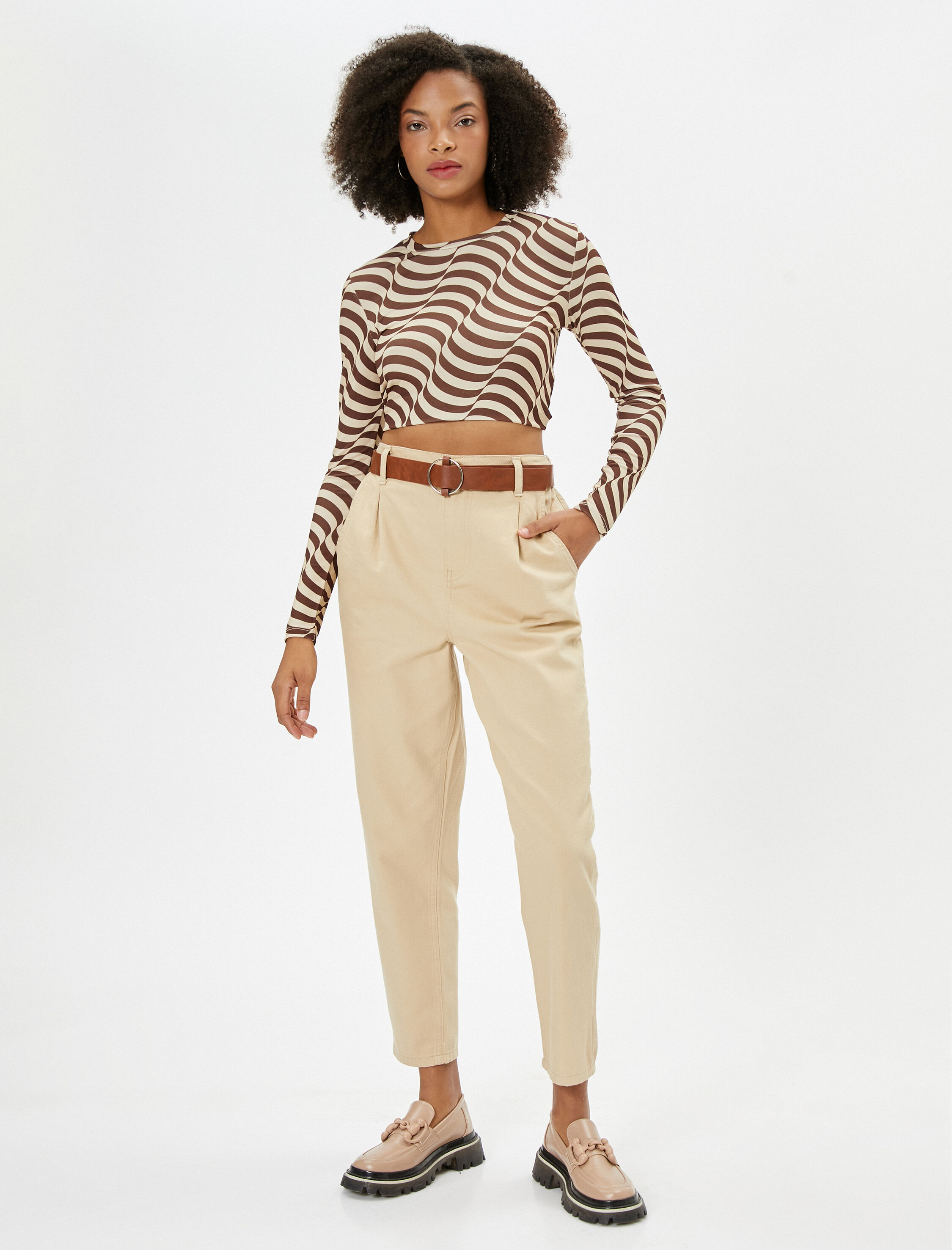   Havuç Pantolon Kemerli Crop Paça Cepli Pamuklu Rahat Kalıp