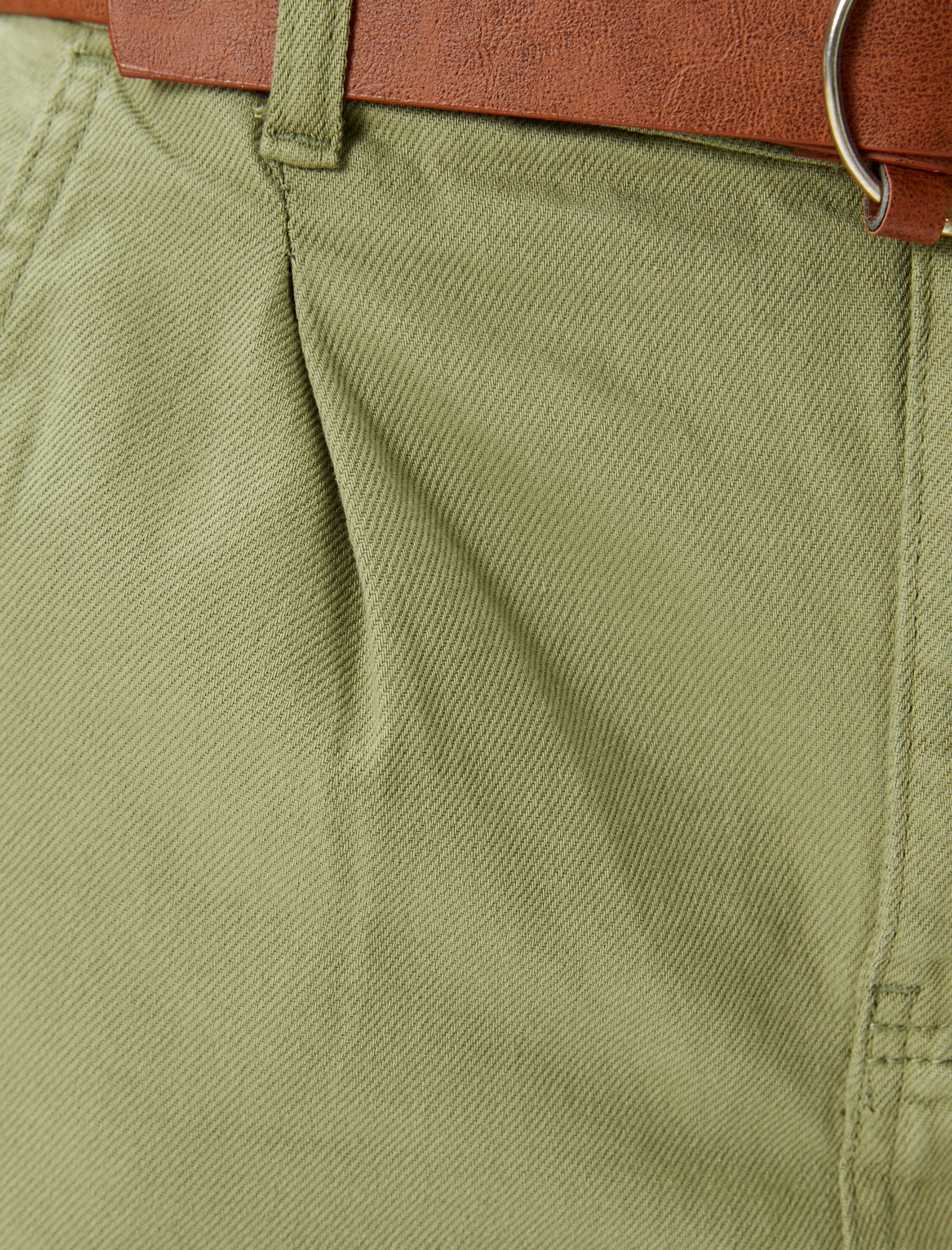   Havuç Pantolon Kemerli Crop Paça Cepli Pamuklu Rahat Kalıp